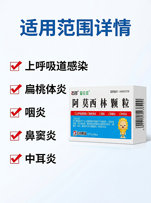 [第5屏] 适用症状详情展示，左栏列出五种适用症状，右侧放产品占40%。使用图1保持产品包装信息一致。白底干净排版，蓝色标题，深灰文字，红色对勾图标。顶部主标题"适用范围详情"，左侧五个条目分别为上呼吸道感染、扁桃体炎、咽炎、鼻窦炎、中耳炎，每个配红色对勾，文字排版整齐不遮挡产品。3:4竖版，4K，文字清晰。负向提示：文字错乱，产品变形，违规医疗承诺。