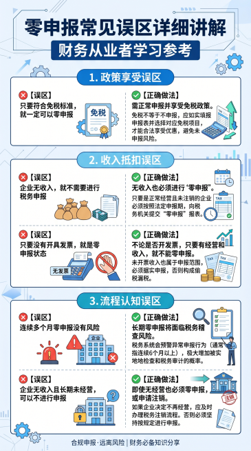 一张零申报误区讲解信息图，清晰分三大板块展示政策享受、收入抵扣、流程认知三类常见误区，每个误区配简洁标题和正确做法说明，标题为"零申报常见误区详细讲解"，整体风格商务专业，配色简洁清爽，信息排版清晰易预览效果