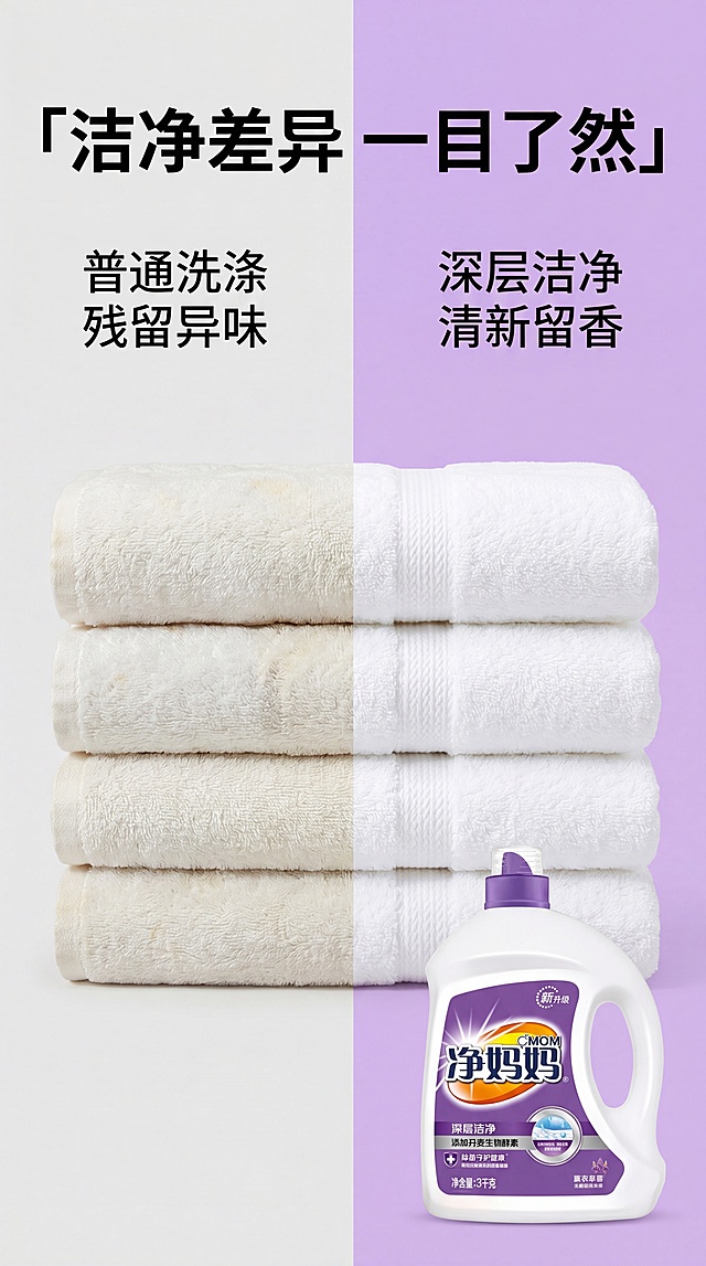 [第2屏] 痛点对比-普通洗衣液与净妈妈洗衣液清洁效果对比。本屏使用【图1】作为本产品主体。
[氛围/风格] 真实对比风，清晰直观，干净克制，商业实拍质感，不过度渲染污渍。
[元素布局] 画面左右分栏布局，左侧展示使用普通洗衣液后衣物仍残留污渍暗黄的场景，右侧展示使用净妈妈洗衣液后衣物洁净蓬松的效果；本产品净妈妈洗衣液放置在右下方醒目位置；左右对比清晰，产品主体突出，瓶身外观与原图一致。
[光影质感] 左右区域光线均匀一致，对比清晰，产品光影自然，突出干净效果。
[配色色系] 全局底色 #ffffff，左侧浅灰底，右侧浅紫底，产品主体白色瓶身搭配紫色标签，对比清晰。
[视角构图] 左右对比构图，阅读动线左→右，产品位于右下视觉落点。
[文字版式] 顶部主标题「洁净差异 一目了然」，左侧标题「普通洗涤 残留异味」，右侧标题「深层洁净 清新留香」，文字清晰分区，不遮挡产品主体和对比效果。
[比例分辨率] 9:16，4K分辨率，文字清晰可辨。
[负向提示词] 夸张恶心污渍，瓶身变形，文字错乱，颜色偏差，水印