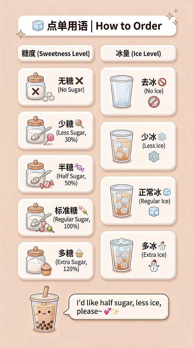 底色统一为柔和米白（#f9f3ed），标题‘🧊 点单用语 | How to Order’。左右两列卡片：糖度（无糖/少糖/半糖/标准糖/多糖）、冰量（去冰/少冰/正常冰/多冰），每项配表情符号与小图标。底部奶茶杯对话气泡：“I'd like half sugar, less ice, please~”。卡片背景为极浅暖灰（#f5f0eb），风格严格对齐‘奶茶种类’图（image2）：轻拟物+可爱手绘，细节精致，竖版1080×1920，4K。