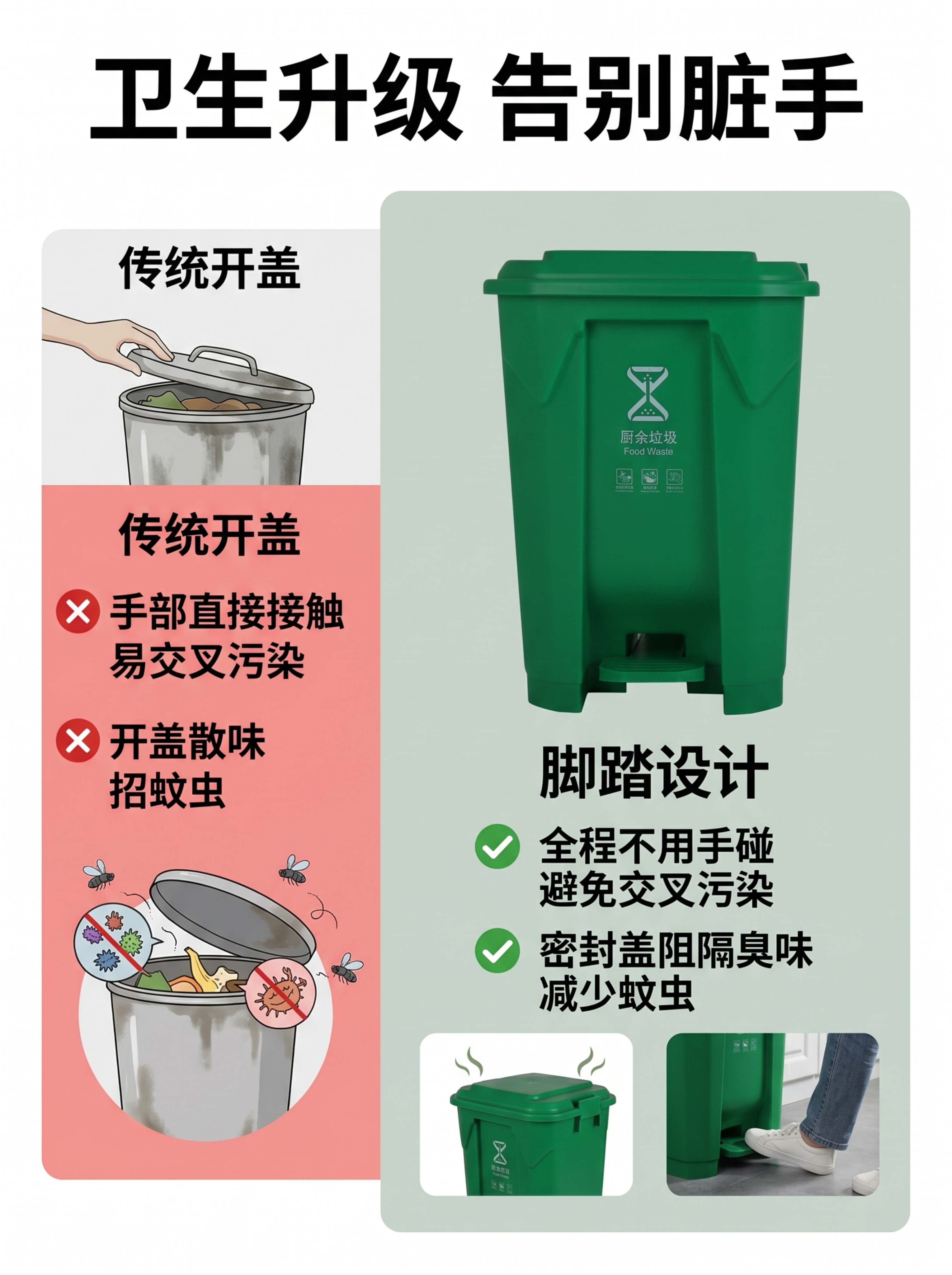 [第2屏] 卫生使用优势痛点对比说明页。本屏使用【图1】绿色厨… - 图片创意预览
