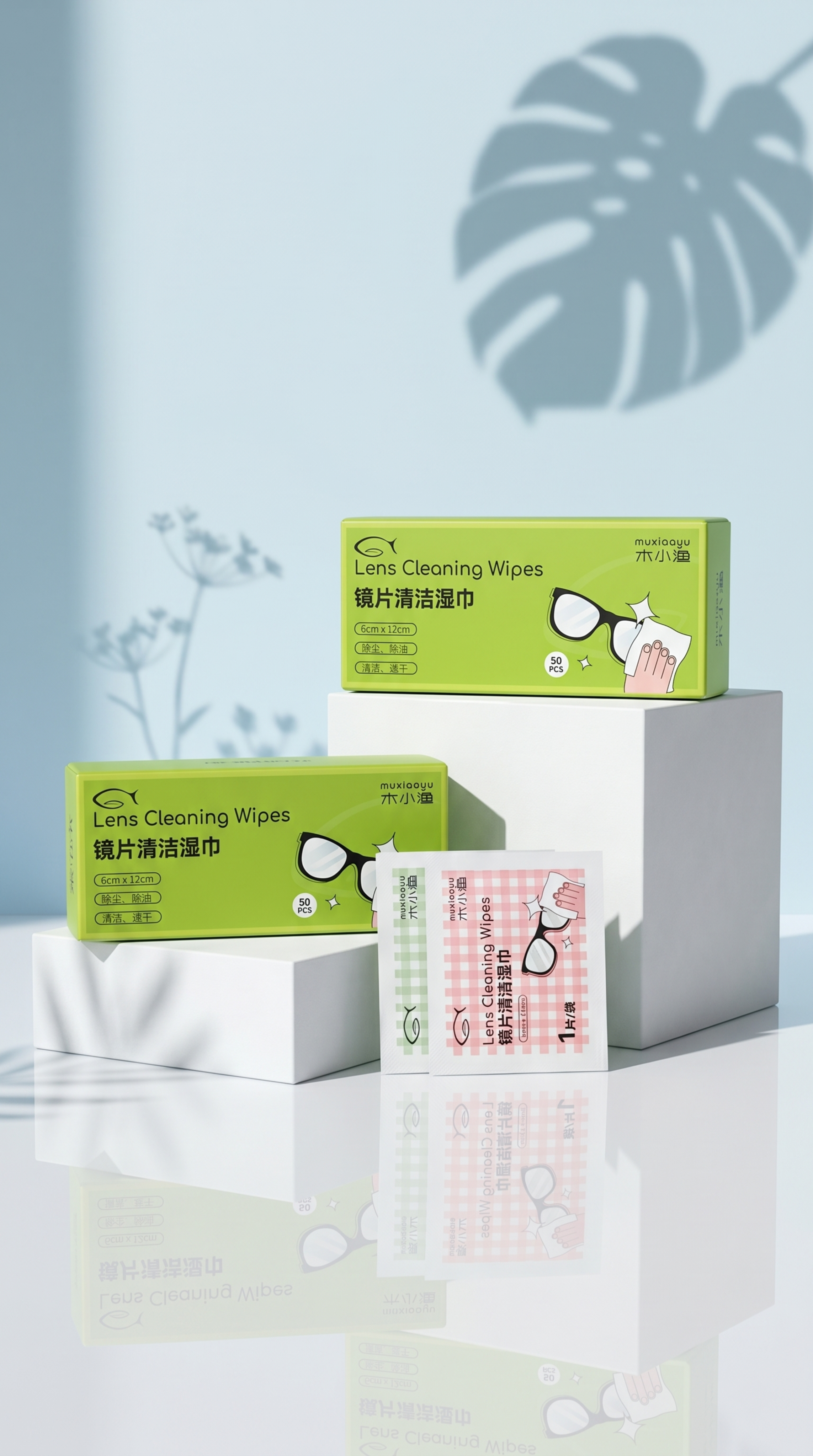 保持镜片清洁湿巾产品原有材质不变，将精修后的产品放置于两个白色… - 图片创意预览