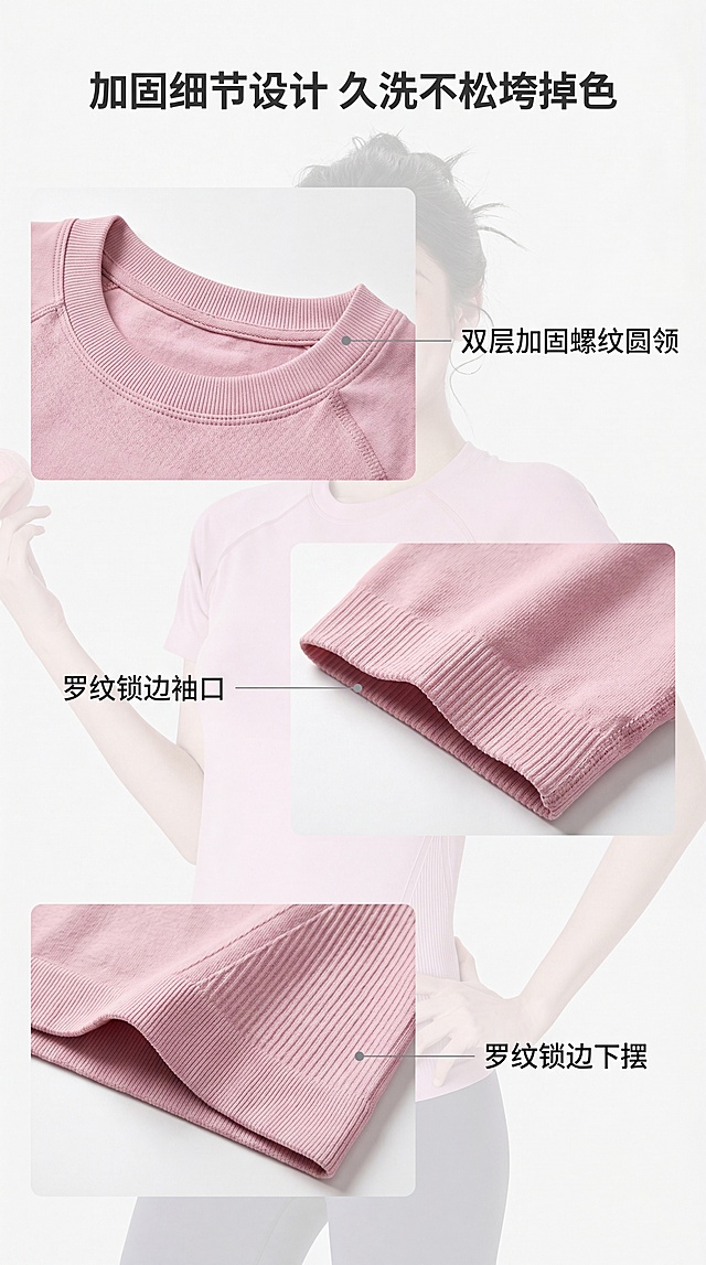 [第6屏] 本屏功能定义：细节做工展示页，展示加固螺纹圆领、罗纹锁边袖口下摆细节，突出久洗不变形优势。本屏使用【图2】裸粉色款作为商品主体展示。
[氛围/风格] 细腻质感，突出细节做工，简约干净，商业特写质感。
[元素布局] 画面分为上中下三部分，上方展示加固螺纹圆领特写，中部展示罗纹锁边袖口特写，下方展示罗纹锁边下摆特写，保留模特半身穿着裸粉色款整体轮廓，保持短袖物理结构、材质质感、颜色与输入产品图一致。每个细节都用引线标注，说明设计优势。主体占比约70%，细节展示清晰。
[光影质感] 每个细节部位都有清晰光照，螺纹纹理清楚可见，整体明暗适中，特写突出质感。
[配色色系] 全局底色：#f5f5f5（浅灰）；主体裸粉色#F5C8CB，文字深灰#333333，标注线浅灰色。
[视角构图] 纵向排列三细节构图，从上到下依次展示领口、袖口、下摆，阅读动线清晰自然。
[文字版式] 顶部主标题「加固细节设计 久洗不松垮掉色」，居中对齐，字号约画面宽度6%；每个细节旁标注简短说明文字：「双层加固螺纹圆领」「罗纹锁边袖口」「罗纹锁边下摆」，字号小而清晰，不遮挡细节。
[比例分辨率] 9:16 竖版比例，4K 分辨率，文字清晰可辨，超高清。
[负向提示词] 细节变形，颜色偏差，文字错乱，背景杂乱，水印，纹理模糊