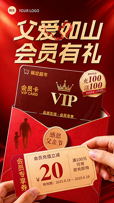红色简约父亲节商超充值办卡促销活动竖版海报