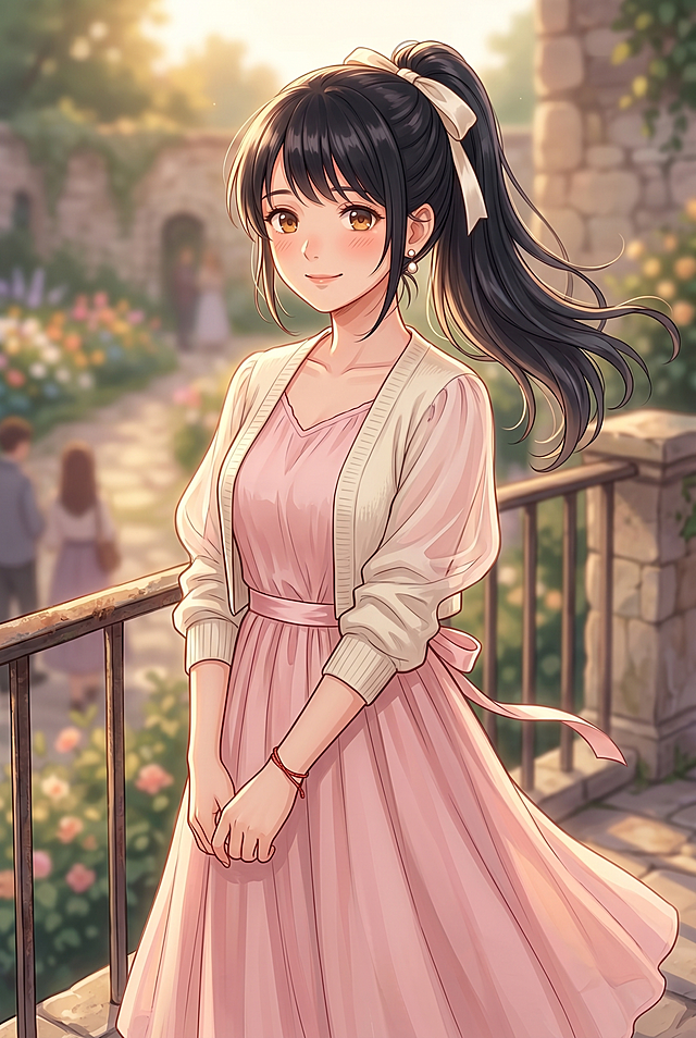 A gentle 20-year-old young woman on a date, childhood friend character, long black silky hair in a carefully styled high ponytail tied with a satin ribbon, a few soft strands framing her flushed round face. Warm amber-brown eyes sparkling with shy affection and anticipation, gentle smile with dimples, slight blush on cheeks. Wearing a pastel cherry-pink chiffon dress with small V-neck, puffed sheer lantern sleeves, thin satin ribbon tied at waist with back bow, flowing midi skirt. Layered with a cream-colored cropped knit cardigan, sleeves slightly long covering half her palms. Small pearl earrings, thin red string bracelet on wrist. Standing outdoors in warm late-afternoon sunlight, soft breeze lifting her skirt and ponytail slightly, looking at viewer with tender nervousness, romantic atmosphere, soft bokeh background, visual novel art style, masterpiece, 8k