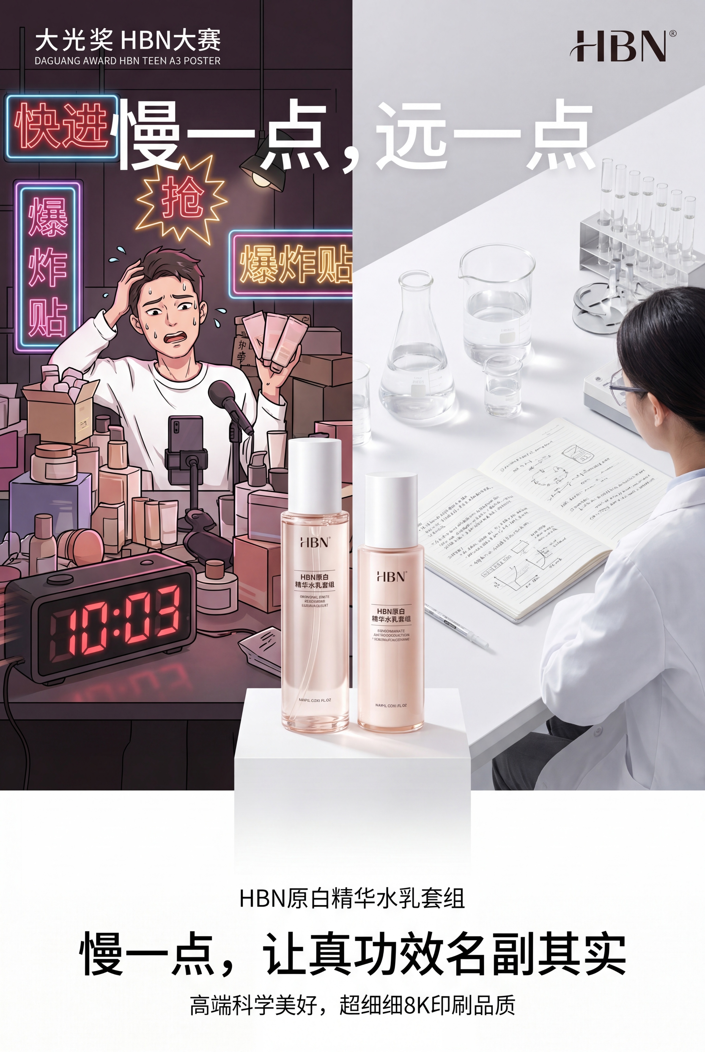 竖版A3大广赛HBN海报，主题「慢一点，远一点」，左侧为喧嚣直… - 图片创意预览