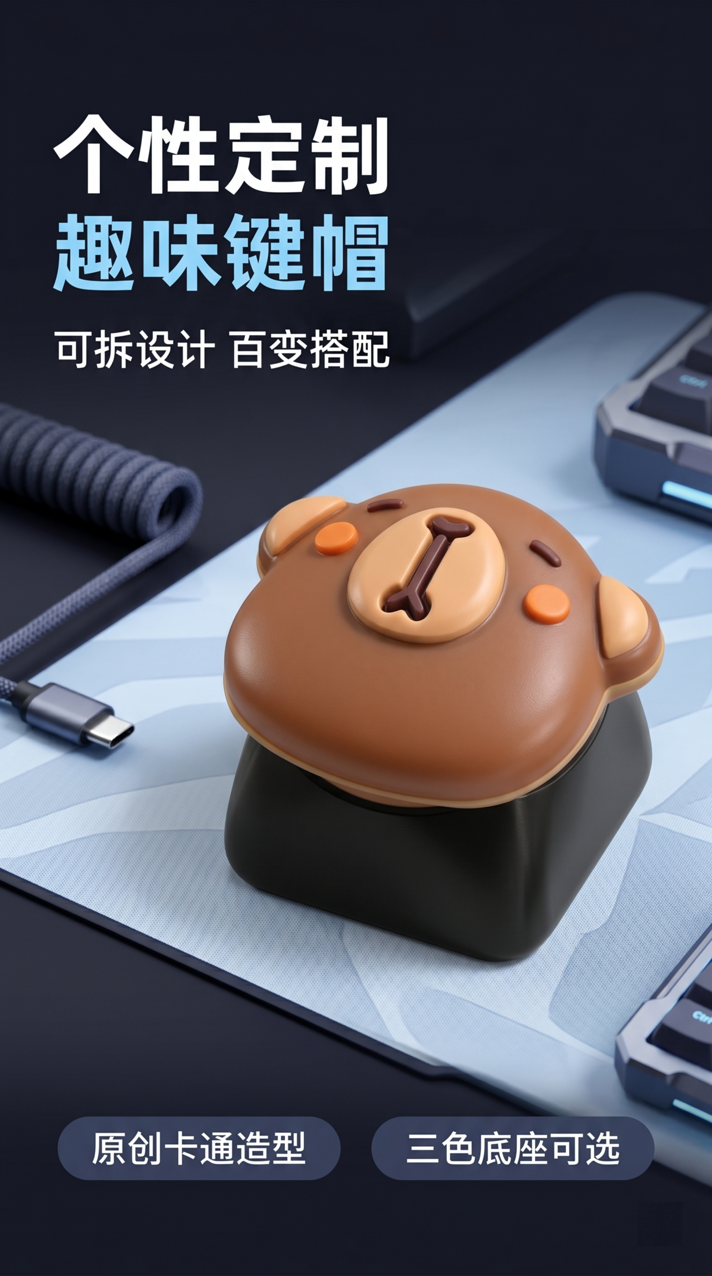 [第1屏] 详情页头图，卡通键盘替换帽产品主视觉展示。本屏使用… - 图片创意预览