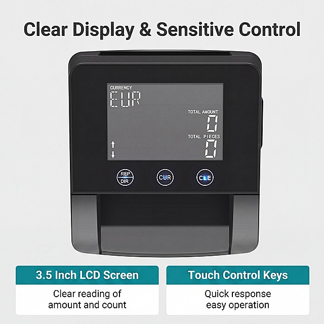 [Detail page screen 5] Screen & key detail display for ST-V70. This screen focuses on the 3.5-inch LCD screen and touch sensitive keys. Light gray background, product front close-up in the center of the screen, accounting for about 70% of the space, maintain the screen text, button arrangement, color and the input image completely consistent. The upper title is Clear Display & Sensitive Control. Under the product, two information modules are arranged, left: 3.5 Inch LCD Screen, the description is Clear reading of amount and count, right: Touch Control Keys, the description is Quick response easy operation. The module uses teal title white bottom, contrast clear, all English. 15:16 proportion, 4K resolution. Negative prompt: blurred screen text, button deformation, color distortion