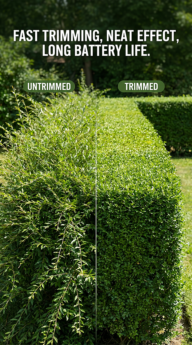 [第6屏] Performance test screen for rotatable hedge trimmer. Compare trimming effect before and after: left untrimmed messy hedge, right neat smooth hedge after trimming. Text description: Fast Trimming, Neat Effect, Long Battery Life. Natural outdoor scene, real comparison, all English. 9:16, 4K, consistent style. Negative: fake comparison, distorted image, Chinese characters.