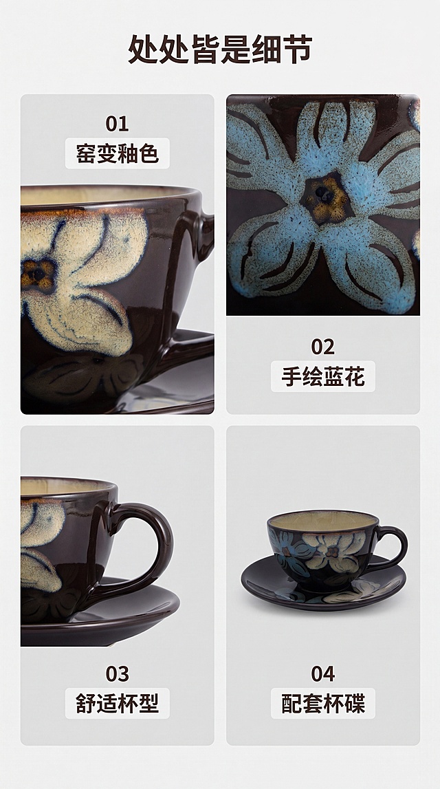 [第3屏] 工艺细节解析，四宫格展示咖啡杯碟核心细节。本屏使用【图1】作为产品细节来源。
[氛围/风格] 清晰解析风格，微距特写质感，专业陶瓷产品展示。
[元素布局] 2×2四宫格布局，四个格子分别展示：左上窑变釉色效果、中右手绘花朵细节、左下杯型弧度、右下杯碟整体；每个格子保留产品原有结构颜色，细节放大展示；每个格子上方配编号和短标题。
[光影质感] 每个格子单独布光，均匀柔光，突出细节纹理，釉面光泽清晰可见。
[配色色系] 全局底色 #F0EFEF；每个格子浅灰底，标题深棕字，整体低饱和度复古配色。
[视角构图] 四宫格等分构图，每个格子对应不同景别：釉色整体、花纹微距、杯型侧拍、杯碟组合，信息清晰层次分明。
[文字版式] 顶部通栏主标题「处处皆是细节」，每个格子左上角编号01-04，对应标题：「窑变釉色」「手绘蓝花」「舒适杯型」「配套杯碟」，每个标题配浅色底框，文字清晰不遮挡细节。
[比例分辨率] 9:16，4K，文字清晰可辨。
[负向提示词] 细节模糊，产品变形，文字错位，颜色偏差，四宫格比例不均。