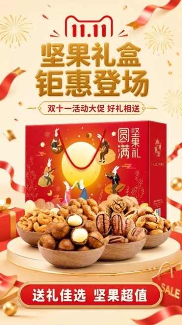 使用商品详情页技能根据商品图「图片1」生成详情页，参考图为，商品名称为坚果礼盒，卖点为双十一活动大促，适配平台为淘宝/天猫，图片比例为9:16，需求屏数为1张，看一眼就能吸引别人眼球，其他的自由发挥预览效果