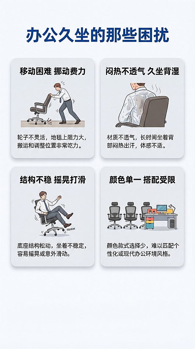 [第2屏] 痛点直击，传统办公椅常见使用困扰总结页面。
[氛围/风格] 简约写实商务风，清晰信息排版，白底浅灰分区。
[元素布局] 顶部大标题，中部四个痛点卡片分两排排列，每个卡片配简单场景小插图，底部留白，整体构图清晰易读。
[光影质感] 均匀布光，卡片阴影柔和，文字清晰对比强。
[配色色系] 全局底色 #FFFFFF，文字黑色，卡片浅灰色背景，标题深蓝色。
[视角构图] 居中排版，上下分区，阅读动线从上到下。
[文字版式] 顶部主标题 "办公久坐的那些困扰"，四个痛点卡片分别为："移动困难 挪动费力"、"闷热不透气 久坐背湿"、"结构不稳 摇晃打滑"、"颜色单一 搭配受限"，每个痛点卡片文字清晰，标题加粗。
[比例分辨率] 9:16，4K，文字清晰可辨。
[负向提示词] 变形，文字错乱，文字过小，水印，背景杂乱。