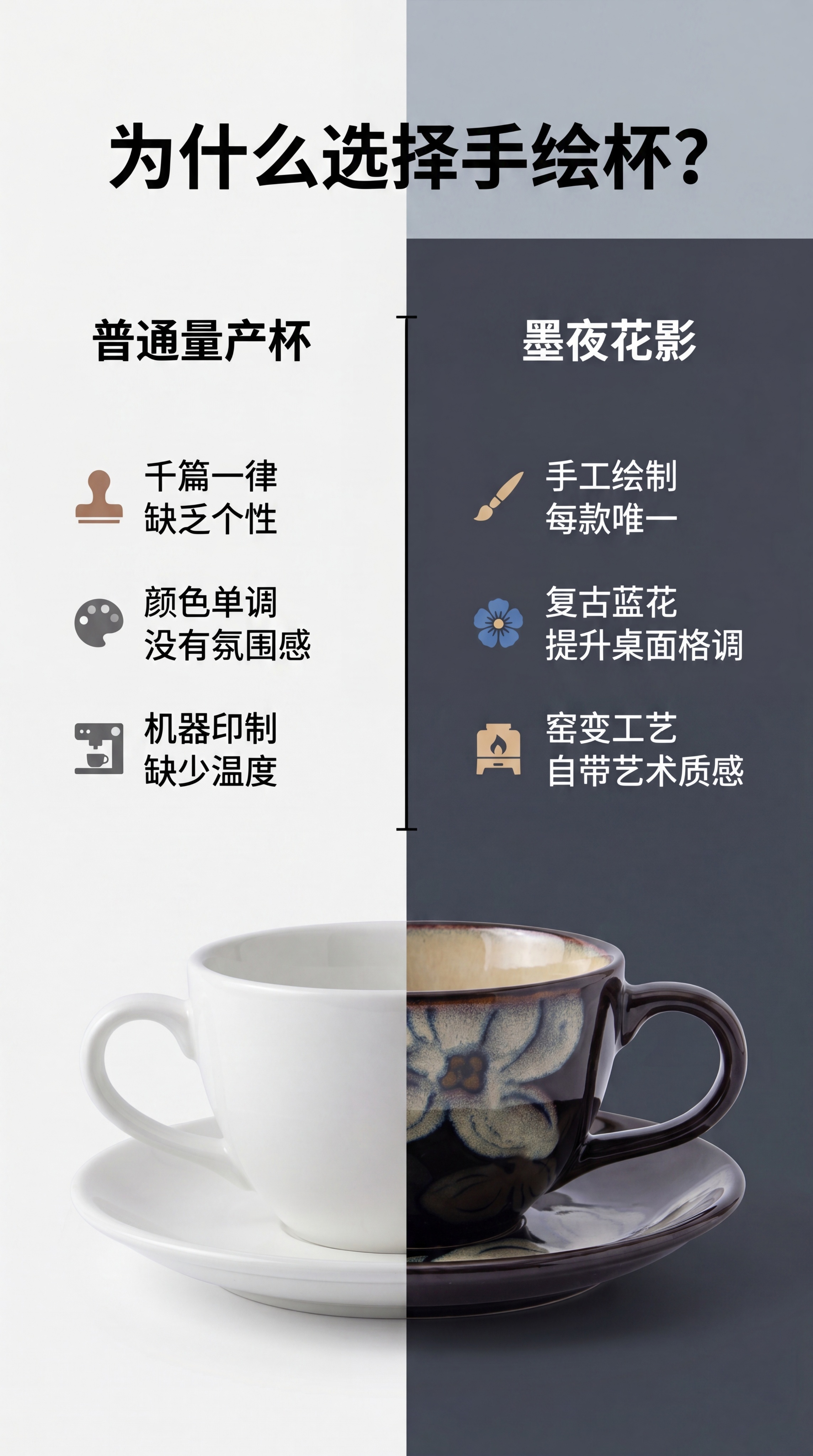 [第2屏] 核心对比，普通量产杯具 vs 墨夜花影手绘咖啡杯。… - 图片创意预览