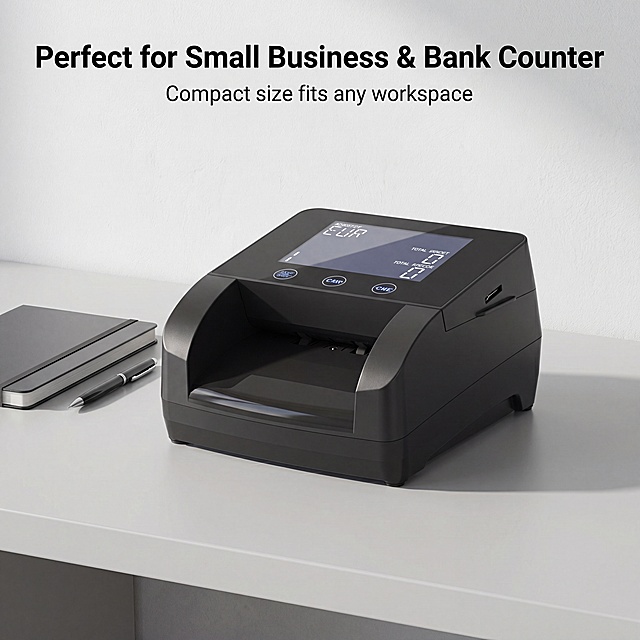 [Detail page screen 7] Office application scenario display ST-V70. Light realistic office counter scenario, the product is placed on the clean light gray office desk, behind the white wall, next to a notebook and a pen, to create a real bank counter office environment. The product is placed in the center, the picture level clear, the product as the core, accounting for about 60% of the screen, maintain the product appearance consistent with the input image. Soft natural indoor light, natural projection, comfortable brightness, highlight the compact desktop placement. Top title Perfect for Small Business & Bank Counter, subtitle Compact size fits any workspace. 15:16 proportion, 4K resolution, all English. Negative prompt: product deformation, too cluttered scene, too many distracting elements