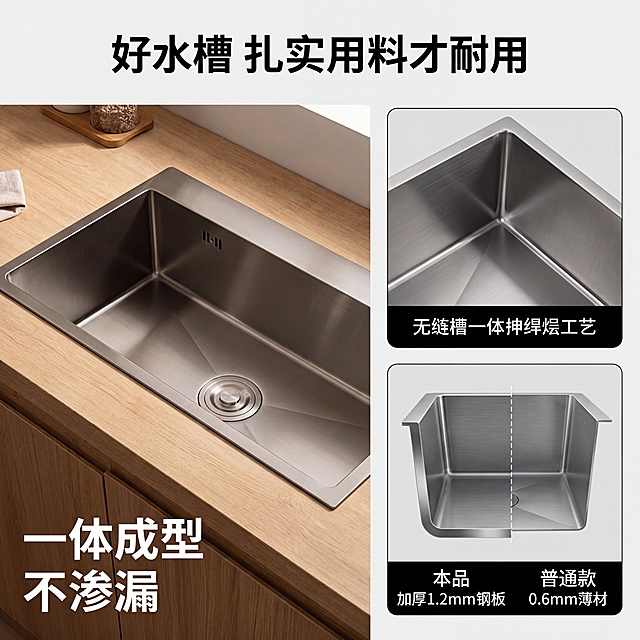 [主图-2] 水槽核心工艺卖点展示图，氛围风格为专业通透质感，清晰展示产品结构优势，画质保持商业摄影质感、光线清晰锐利、细节呈现真实，画面简洁高级，左侧为嵌入原木台面的水槽整体场景，右侧分两个画框：上方画框展示水槽一体拉伸焊接工艺细节，下方画框对比本品加厚不锈钢与普通薄钢板材质；保持水槽产品外观与输入产品图绝对一致，杜绝任何变形和色差；商品主体占比约65%，画面干净不拥挤，左侧侧前光突出金属拉丝纹理，右侧画框均匀布光，工艺细节清晰可见，无过暗或过曝区域，主色调保持不锈钢枪灰银，木色暖调辅助，对比画框采用浅灰底，深灰字突出对比差异，左实右虚构图，左侧场景大视角，右侧分框细节特写，布局清晰不重叠，顶部主标题“好水槽 扎实用料才耐用”居中，右侧对比画框每个画框下方标注短结论：本品“加厚1.2mm钢板”普通款“0.6mm薄材”，左下角标注“一体成型 不渗漏”加粗白字；文字均不遮挡主体产品，1:1比例，4k分辨率，文字清晰锐利，画面超高清，负向提示词为变形，水印，文字错乱，产品图模糊，背景杂乱，改变产品结构