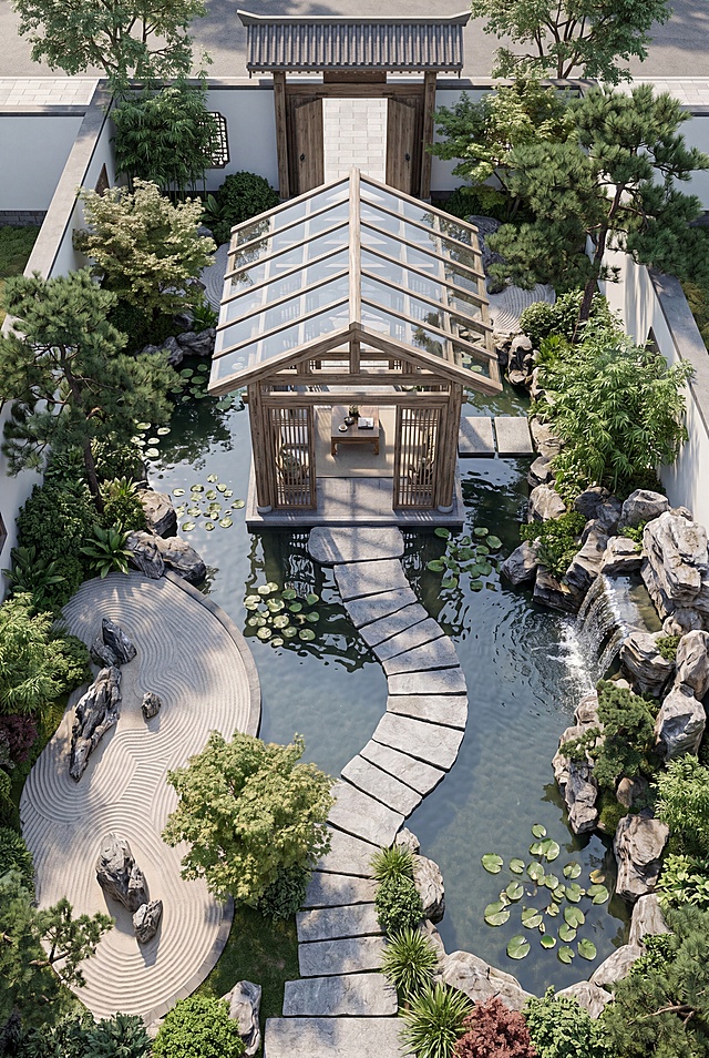 生成一张高精度3D渲染图，鸟瞰视角展示新中式庭院实景：包含玻璃景观亭、曲水流觞石板路、枯山水、假山跌水、绿植与入户门，材质真实细腻，光影自然，细节丰富，写实风格