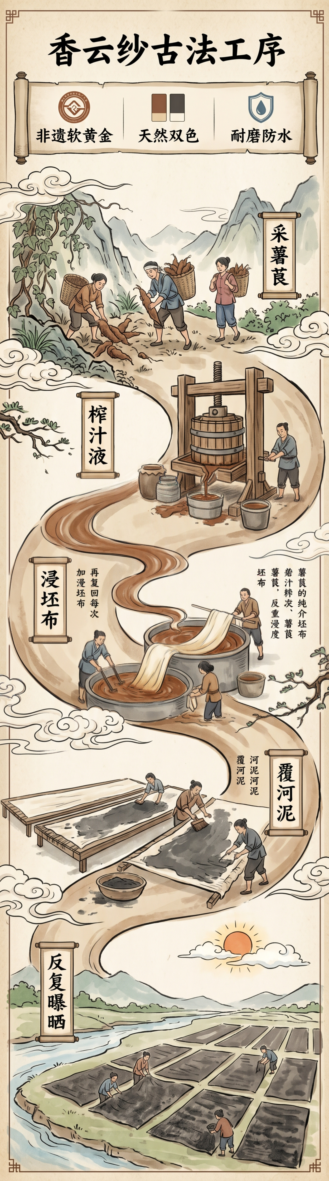 香云纱古法工序竖版长图，拆解采薯莨、榨汁液、浸坯布、覆河泥、反… - 图片创意预览