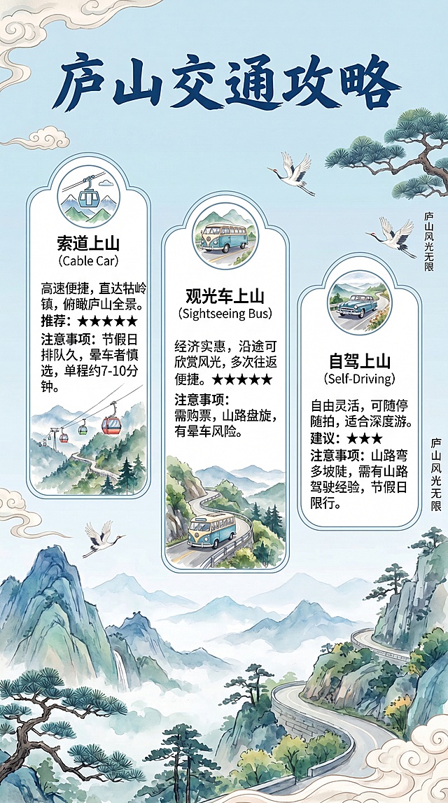 庐山交通攻略，清新国风山水风格，和参考图婺源攻略统一设计风格，浅蓝色调搭配水墨山水背景，清晰介绍索道、观光车、自驾三种上山方式，标注推荐指数和注意事项，标题为"庐山交通攻略"，标题字体是深蓝色书法字体