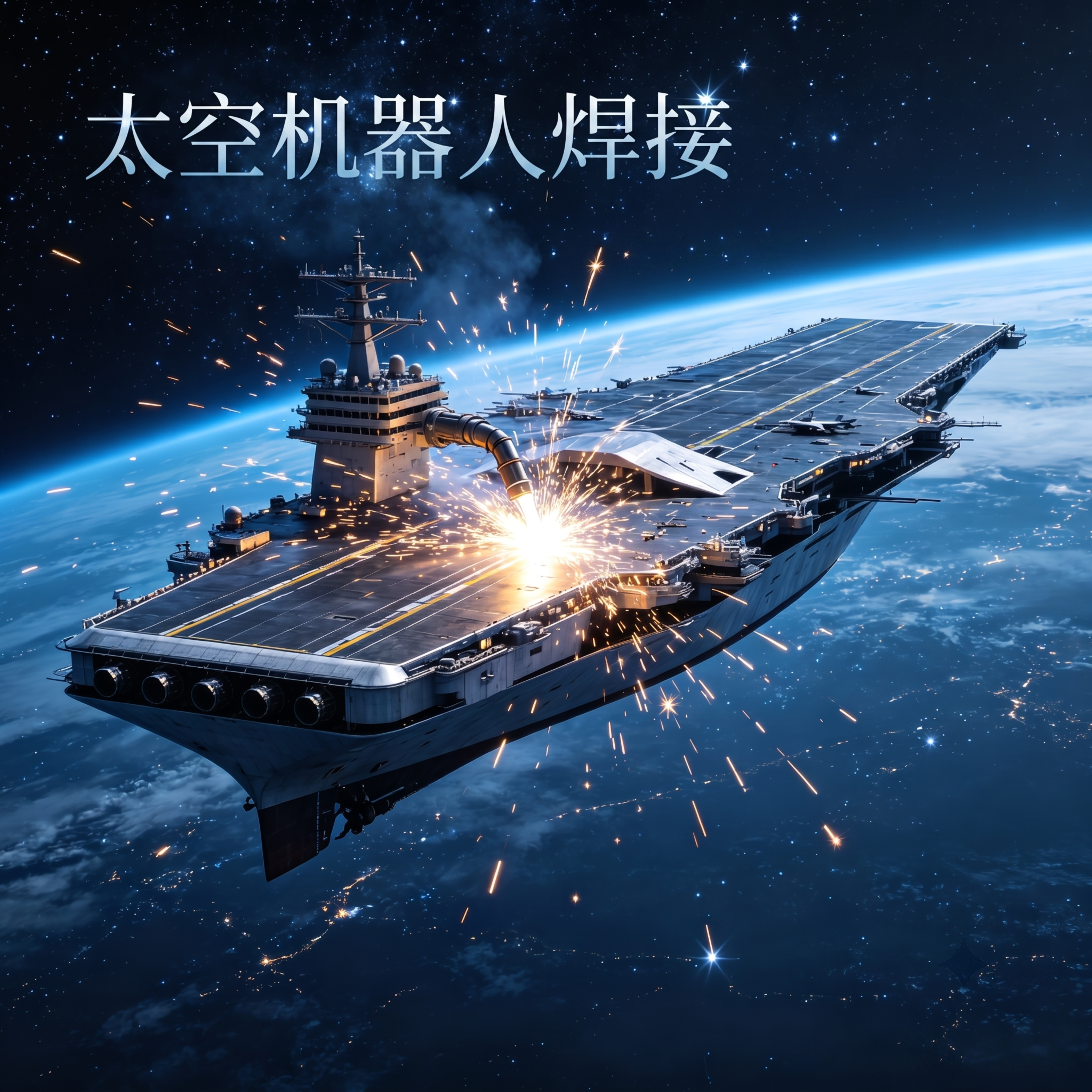 去掉右下角AI标志，在图片合适位置添加“太空机器人焊接”文字，… - 图片创意预览