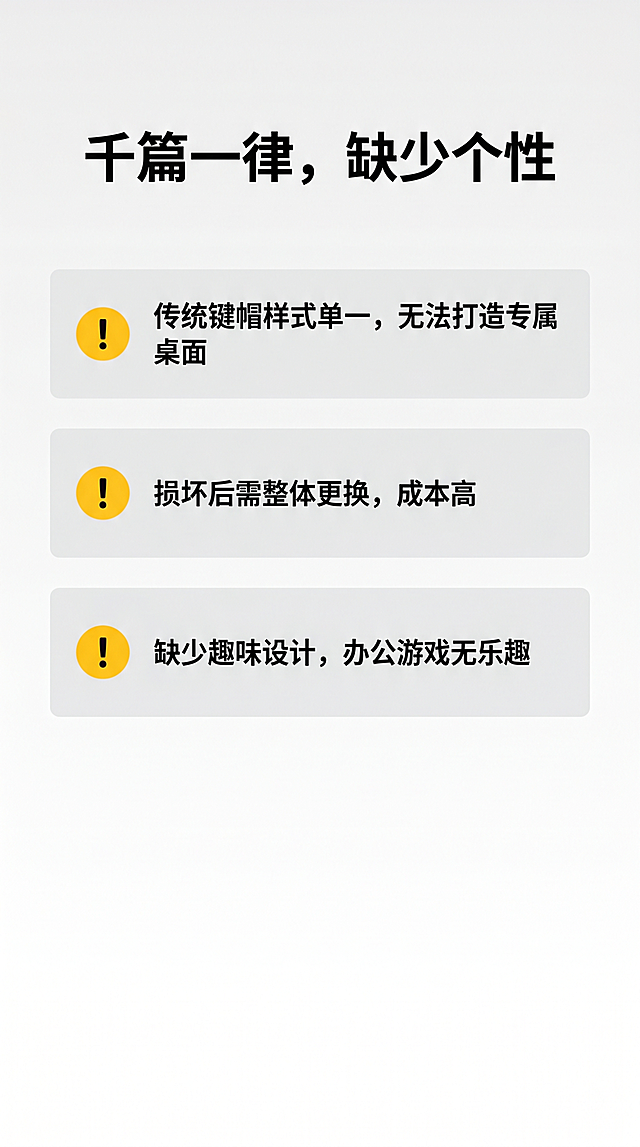 [第2屏] 痛点直击页面，展示传统键帽痛点问题。[氛围/风格] 简约商务风，浅灰渐变背景，清晰干净的排版。[元素布局] 顶部大标题区，中部三个痛点卡片纵向排列，每个卡片左侧带感叹号图标，底部留白。背景干净，突出文字问题，不添加多余装饰。[光影质感] 均匀柔和照明，文字清晰无阴影，整体明亮舒适。[配色色系] 全局底色 #F5F5F5，标题黑色，卡片浅灰色底，文字黑色。[视角构图] 纵向排版，从上到下阅读。[文字版式] 主标题："千篇一律，缺少个性"，三个痛点分别为：1. 传统键帽样式单一，无法打造专属桌面；2. 损坏后需整体更换，成本高；3. 缺少趣味设计，办公游戏无乐趣。每个痛点单行展示，字体清晰，大小适中，手机端可读。[比例分辨率] 9:16，4K，文字清晰可辨。[负向提示词] 变形，水印，文字错乱，文字过小，背景杂乱。