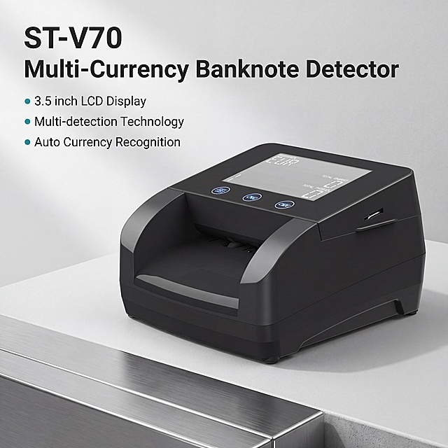 [Detail page screen 1] Head main visual of ST-V70 Multi-currency Detector. Professional technology style for financial equipment. Clean low saturated light gray background, business industrial style, commercial photography texture. The ST-V70 product is placed in the center right of the picture, accounting for about 60% of the screen, maintaining the physical structure, material, color completely consistent with the input image. Left side for the text area, the overall layout of the left text right product, hierarchical clear, high-end simple. Left main light, soft transition, product body clear high light, natural projection, full of three-dimensional sense. Overall color matching: light gray background, main color black product, accent color teal, consistent with the reference style. 15:16 proportion, 4K resolution. Title ST-V70 on top, main title Multi-Currency Banknote Detector, three core selling points: 3.5 inch LCD Display, Multi-detection Technology, Auto Currency Recognition arranged below, font clear, level clear, all English, no Chinese. Negative prompt: product deformation, color deviation, text disorder, watermark, background clutter