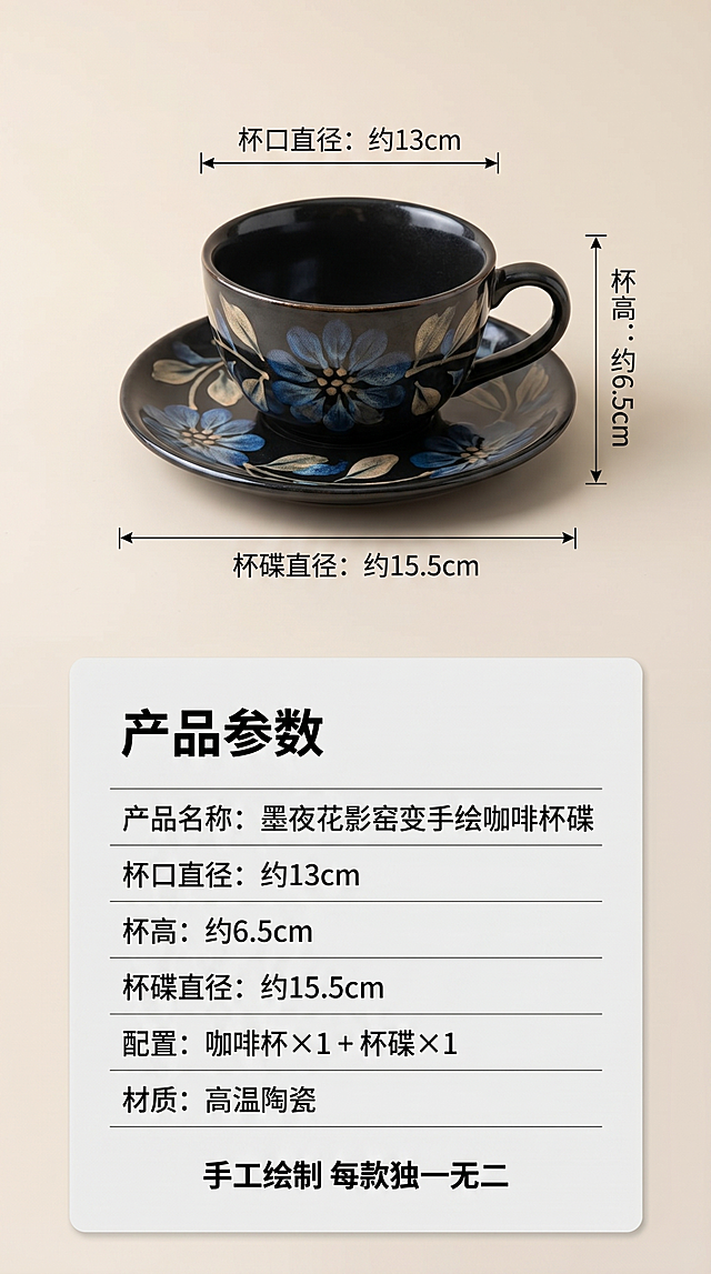 [第7屏] 规格参数展示，清晰标注各部分尺寸与产品信息。本屏使用【图1】作为产品展示图。
[氛围/风格] 清晰规整信息卡风格，简洁专业。
[元素布局] 产品图放置画面左上，占比约40%，右侧和下方为规格参数信息卡；产品结构颜色与【图1】保持一致，标注各部位尺寸线：杯口直径，杯高，杯碟直径。
[光影质感] 均匀柔光，产品清晰突出，参数文字清晰可辨。
[配色色系] 全局米白底，产品正常展示，参数信息卡浅灰底黑字，清晰易读。
[视角构图] 左物右图布局，产品在左上，参数信息在右下，干净规整。
[文字版式] 顶部主标题「产品参数」，参数列表清晰：
产品名称：墨夜花影窑变手绘咖啡杯碟
杯口直径：约13cm
杯高：约6.5cm
杯碟直径：约15.5cm
配置：咖啡杯×1 + 杯碟×1
材质：高温陶瓷
底部标注「手工绘制 每款独一无二」；所有文字排版整齐，清晰可读。
[比例分辨率] 9:16，4K，文字清晰可辨。
[负向提示词] 参数错误，文字错乱，产品变形，颜色偏差，排版混乱。