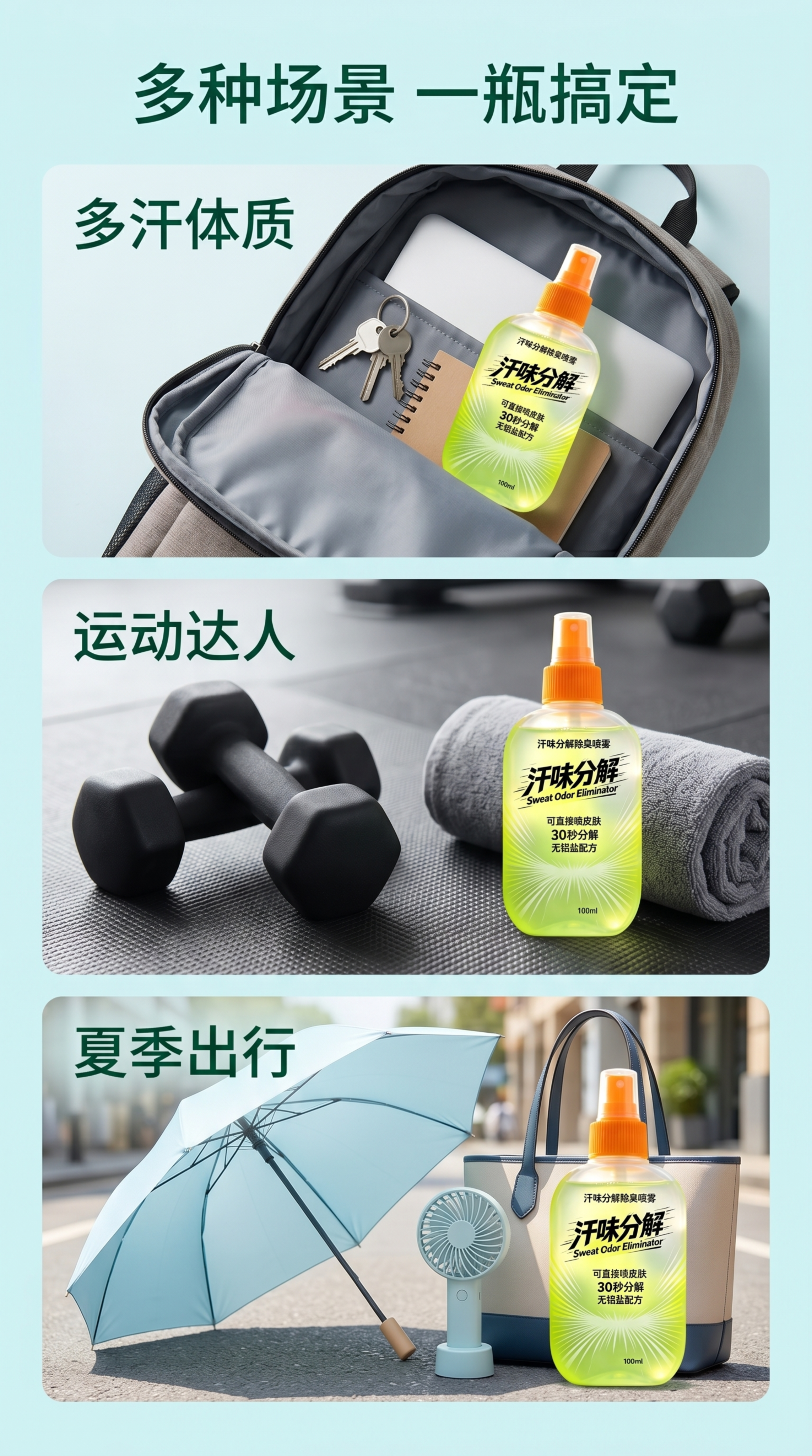 [第6屏] 详情页场景屏-覆盖三类目标人群。多场景拼图风，浅青… - 图片创意预览