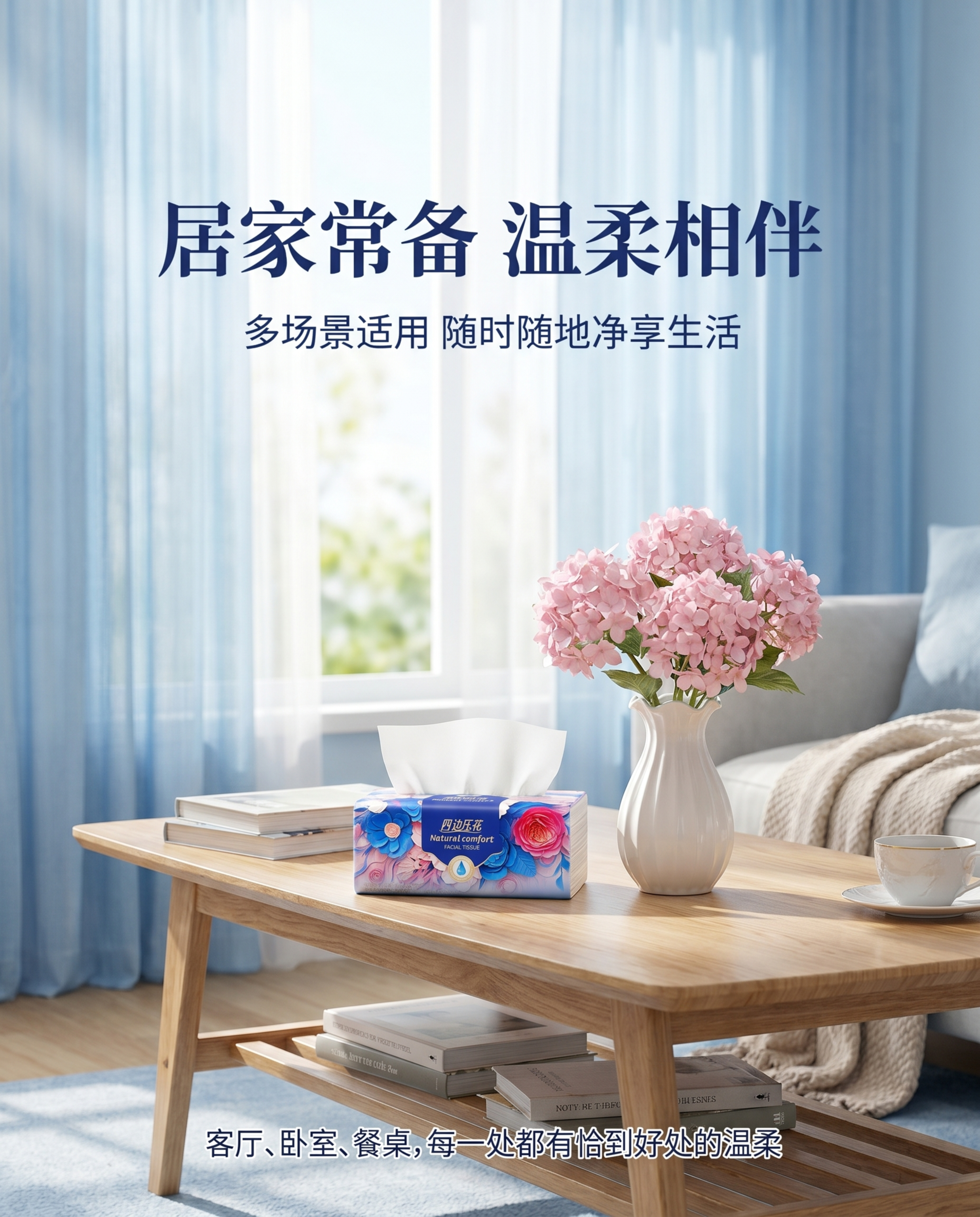 新中式优雅蓝色调，明亮温暖的居家实景，淡淡的蓝色调滤镜，营造温… - 图片创意预览
