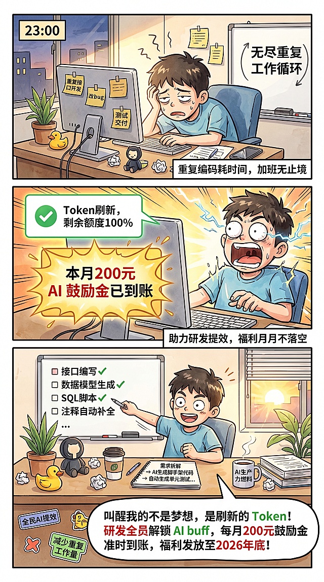 美式复古三联分镜条漫，钢笔手绘粗轮廓线，水彩柔和平涂色彩，卡通写实少年程序员形象，手绘涂鸦便利贴、手写中英文标语铺满工位，暖色调日出晨光氛围，夸张喜剧人物表情，搭配闪光爆炸特效、循环箭头、星星装饰，生活化程序员工位细节，所有文字为随性手写涂鸦字体，重点关键词彩色高亮，底部通栏巨型对话气泡放核心宣传标语，整体氛围热血轻松，适合企业内部研发部门宣传海报。

三格分镜内容：
第一格痛点铺垫：深夜，闹钟显示「23:00」，少年程序员瘫在办公椅上，满脸疲惫烦躁，面前电脑堆满重复接口开发、改 bug、测试交付的待办便签，白板写满无尽重复工作循环，桌上散落需求文档、报错日志，耷拉眼皮毫无干劲，窗外夜色未褪去，角落便签写小字“重复编码耗时间，加班无止境”
第二格惊喜弹窗：电脑屏幕弹出两个醒目弹窗，第一层弹窗绿色对勾大字：【Token刷新，剩余额度100%】，展示企业代码大模型、通用代码 AI 工具额度全部重置满额；第二层弹窗金色发光爆炸特效，加粗红字醒目通知：【本月200元 AI 鼓励金已到账】，弹窗下方配对仗工整小字标语：助力研发提效，福利月月不落空。程序员猛地瞪大眼睛，双眼发光，嘴巴大张满脸惊喜，周身环绕闪电闪光特效
第三格干劲拉满：程序员激动起身，一手拿写着「AI 生产力燃料」马克杯，一手冲向笔记本电脑，工位白板更新清单：【接口编写、数据模型生成、SQL 脚本、注释自动补全、代码评审辅助、报错日志智能解析】，其中前3个的清单方框打对号，表示任务已完成。摊开的笔记本写流程：需求拆解 → AI 生成脚手架代码 → 自动生成单元测试 → AI 辅助代码重构 & 性能优化 → 智能检索修复线上 Bug → 自动输出接口文档 → 缩短迭代交付周期。桌上摆放 AI 工具快捷入口贴纸、效率提升便签，整体氛围热血积极

底部通栏大对话气泡宣传文案：
"叫醒我的不是梦想，是刷新的 Token！研发全员解锁 AI buff，每月200元鼓励金准时到账，福利发放至2026年底！"
其中Token、研发全员、200 元、2026 年底用醒目红色字体，AI 额度用绿色字体突出

附加细节：全图统一小彩蛋：工位角落放置小绿植、小黄鸭、Github 玩偶、咖啡杯、揉皱的旧需求单，还原真实研发工位；散落在白板、便利贴的辅助小字：全民 AI 提效、减少重复工作量、AI 赋能研发、月月鼓励金准时到账；整体调性拒绝生硬官方宣传，用程序员自嘲接地气梗，轻松搞笑不严肃，贴合研发同事审美，内部宣传无距离感