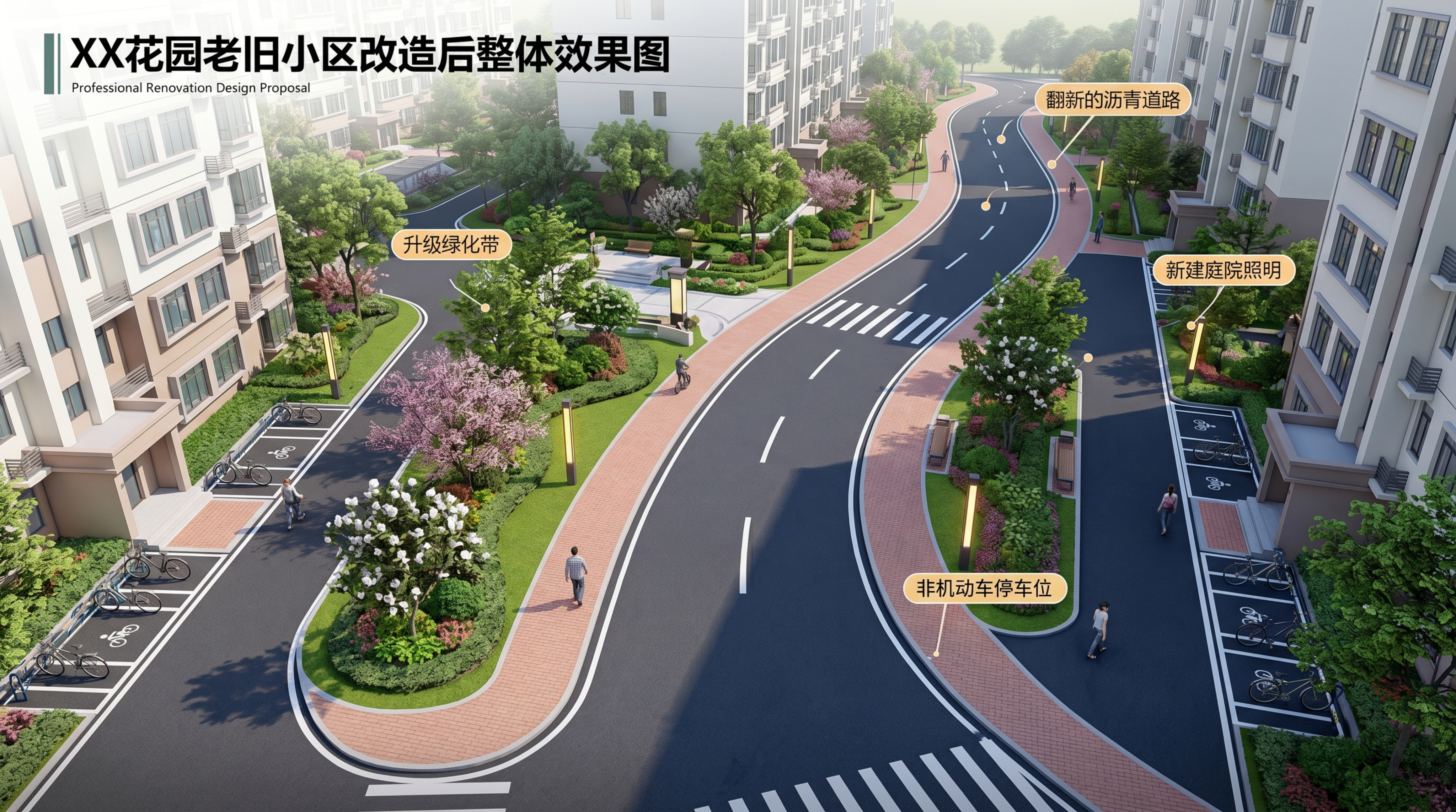 专业设计图纸，XX花园老旧小区改造后整体效果图，展示翻新的沥青… - 图片创意预览