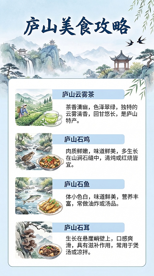 庐山美食攻略，清新国风山水风格，和参考图婺源攻略统一设计风格，浅蓝色调搭配水墨山水背景，清晰列出庐山特色美食，每个美食配有简短介绍，标题为"庐山美食攻略"，标题字体是深蓝色书法字体