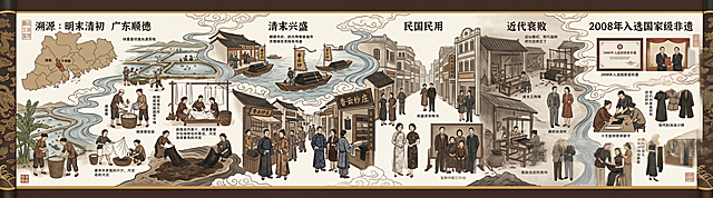 香云纱历史溯源横向长图，明末清初广东顺德起源，清末兴盛、民国民用、近代衰败、2008年入选国家级非遗，串联历代生活场景的横向手绘国风插画，配色为薯莨棕、河泥黑、米牙白