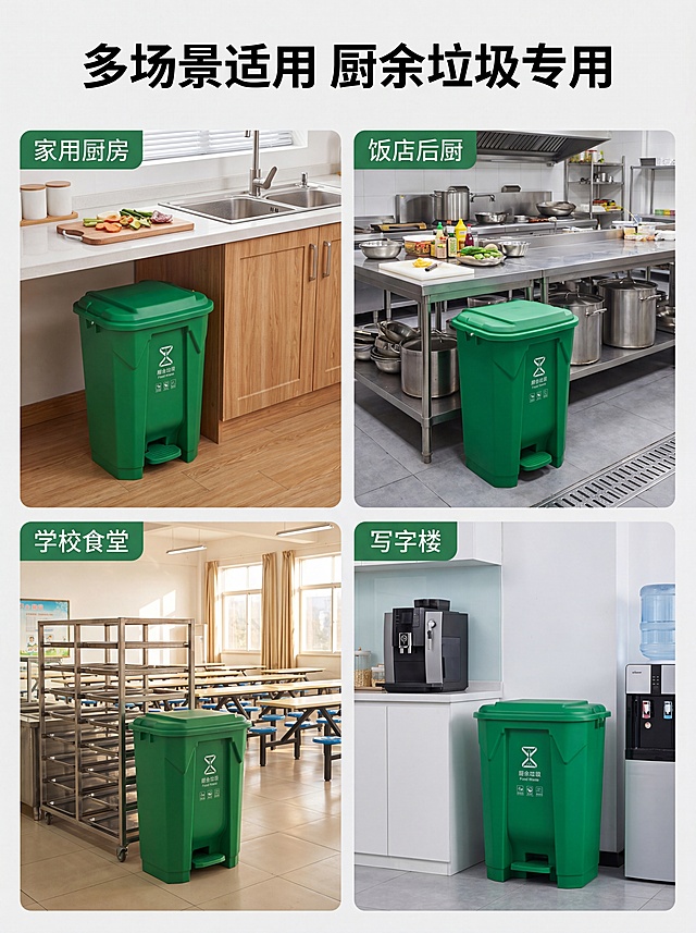 [第7屏] 多适用场景展示拼图。本屏使用【图1】绿色垃圾桶作为主体，展示多个适用场景。
[氛围/风格] 场景拼图风格，丰富多元，突出通用性。
[元素布局] 顶部主标题，下方分2x2四宫格展示四个核心场景：家用厨房、饭店后厨、学校食堂、写字楼。每个场景将垃圾桶融入对应环境，垃圾桶在每个场景中保持外观一致，占每个场景格子约40%-50%位置，环境作为背景衬托。
[光影质感] 每个场景光影符合环境特点，自然真实，垃圾桶清晰突出。
[配色色系] 每个场景保持真实环境色调，整体协调统一，浅灰色边框分隔每个场景，底色白色。
[视角构图] 四宫格多场景拼图，每个场景独立完整，方便浏览。
[文字版式] 顶部主标题“多场景适用 厨余垃圾专用”加粗黑体；每个场景角落标注场景名称，文字小巧清晰，不遮挡垃圾桶。