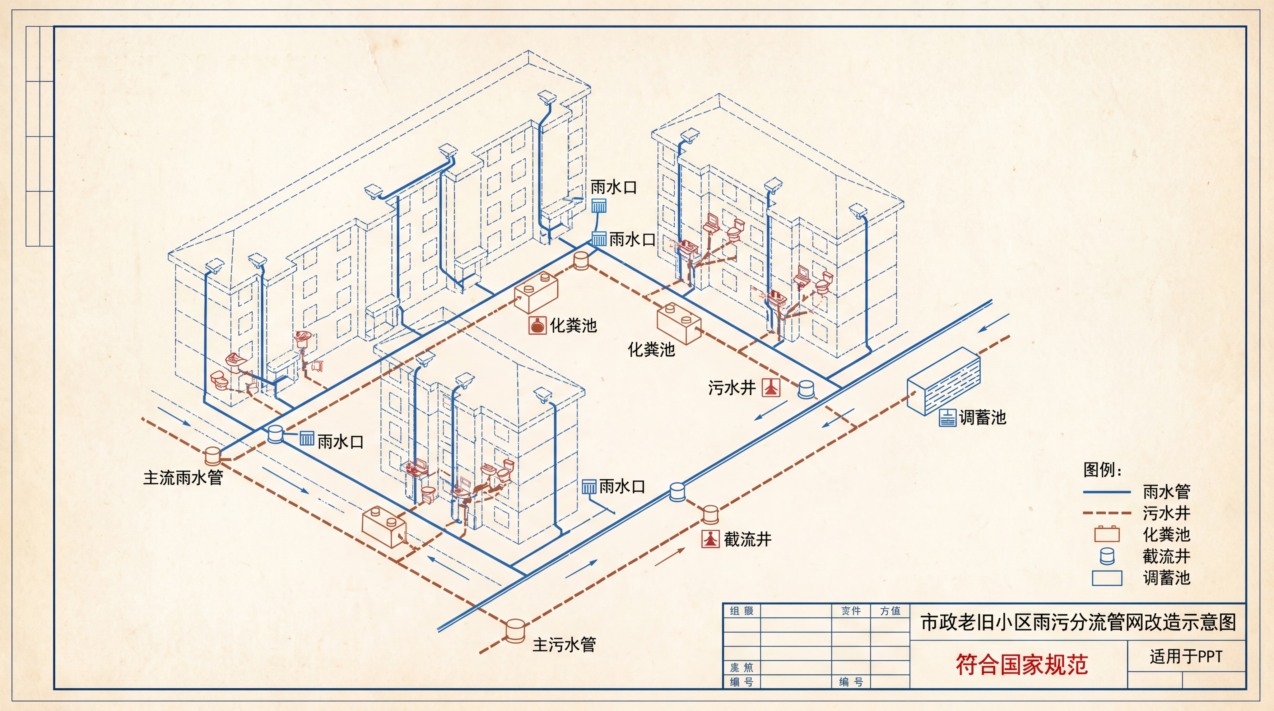 市政老旧小区雨污分流管网改造示意图，专业工程图纸风格，清晰标注… - 图片创意预览