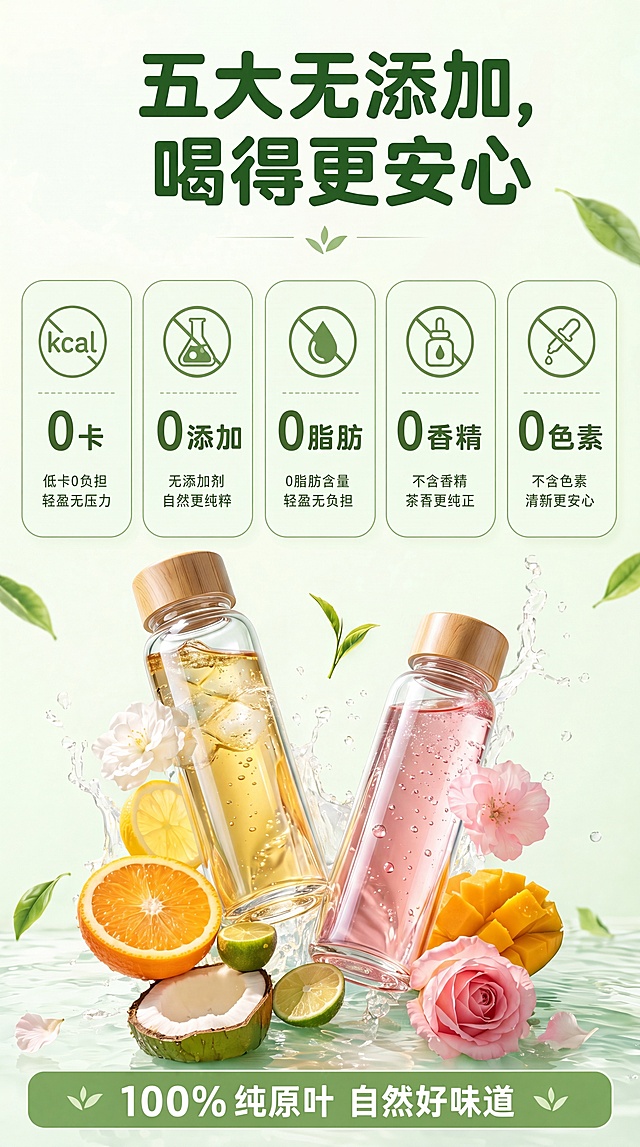 更换图片中的玻璃杯风格，保留整体布局、文字、水果和装饰位置不变，更换为更精致通透的玻璃质感，整体还是清新自然的绿色茶饮风格