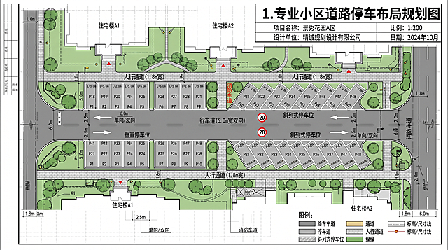 专业小区道路停车布局规划图，规范标明行车道、停车位、人行通道位置，布局合理清晰，标注完整，工程图纸风格适合设计展示和PPT汇报使用