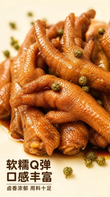 商品名称为藤椒鸡爪，古法老卤藤椒口味才更香，配料做减法，健康做加法，天然香辛料，古法老手艺，采用新鲜鸡爪，先煮后卤， 软糯Q弹，口感丰富，用料十足生成详情页适配淘宝/天猫平台，单图比例为9:16，需求预览效果