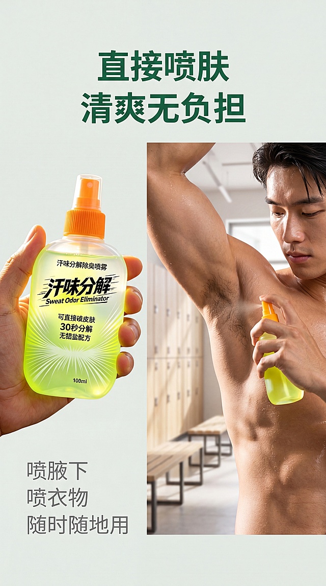 [第5屏] 详情页真人效果屏-运动后使用展示。真实活力场景风，浅灰绿背景。左产品保持原图外观，右侧亚洲男性模特腋下局部，展示健身后直接喷皮肤，背景健身房更衣室浅木色。左产品右人物分栏，顶部标题"直接喷肤 清爽无负担"深绿居中，产品下方写"喷腋下 喷衣物 随时随地用"灰色小字。9:16，4K，文字清晰。禁止:产品变形,低俗擦边,文字错乱