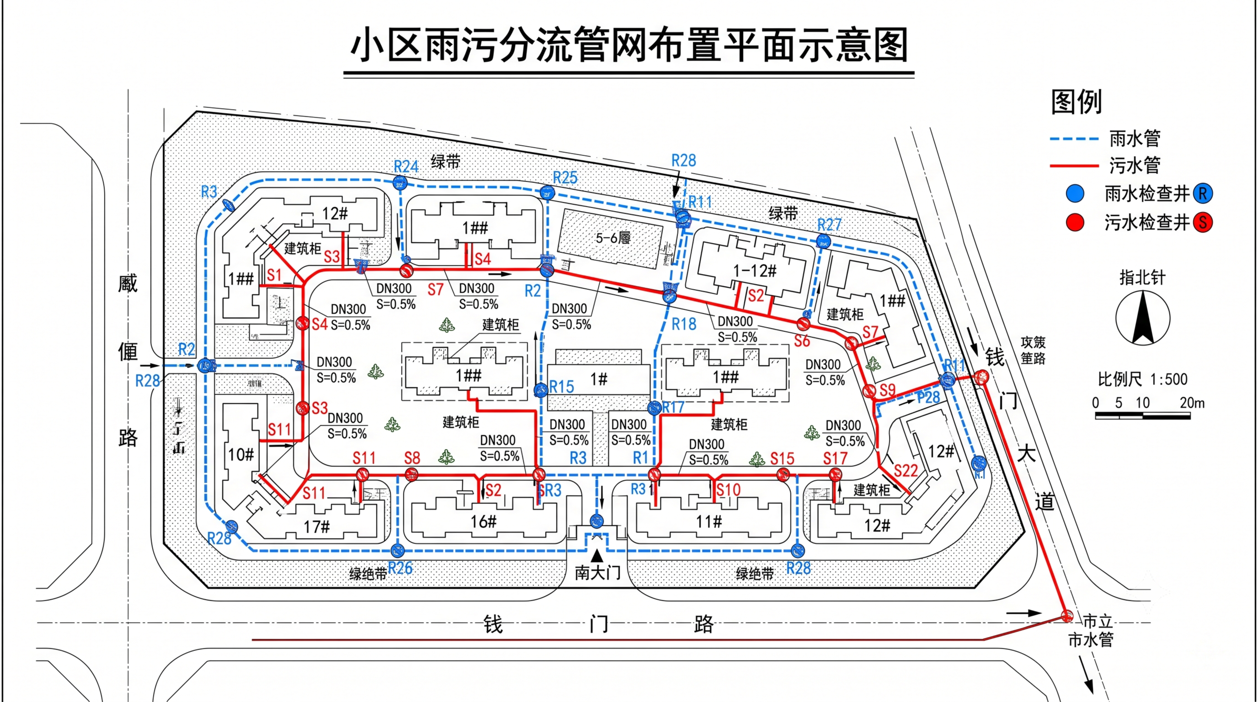 小区雨污分流管网布置平面示意图：雨水管用蓝色虚线表示，污水管用… - 图片创意预览