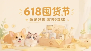 在这张宠物电商banner图的上方预留空白区域，添加清晰的促销活动文字：主标题“618囤货节”，副标题“萌宠好物 满199减30”，保持整体奶油黄色调，治愈扁平插画风，文字风格柔和适配画面，不改变原有预览效果