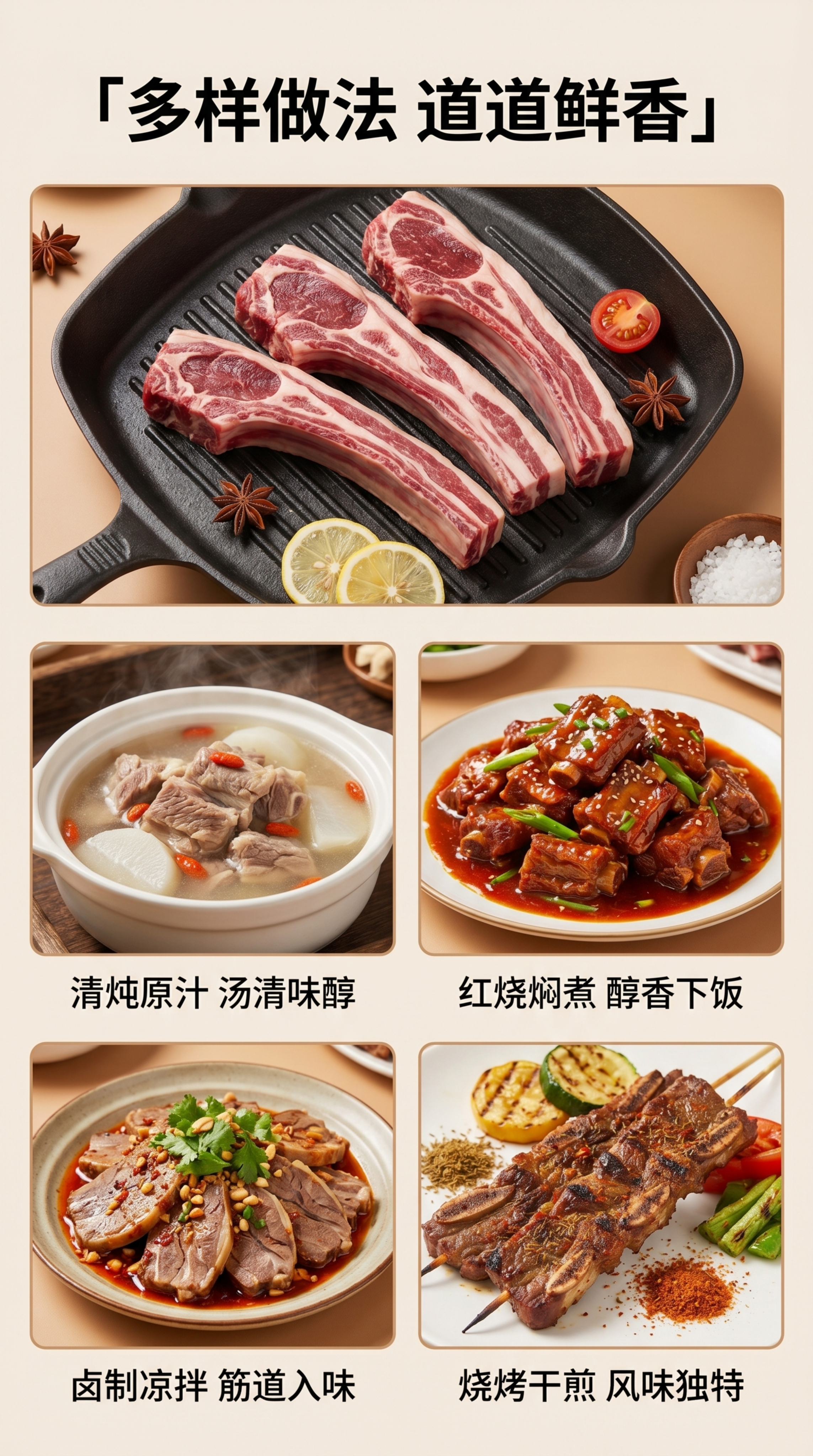 [第7屏] 多类烹饪做法篇，展示四种经典牦牛排骨吃法。本屏产品… - 图片创意预览
