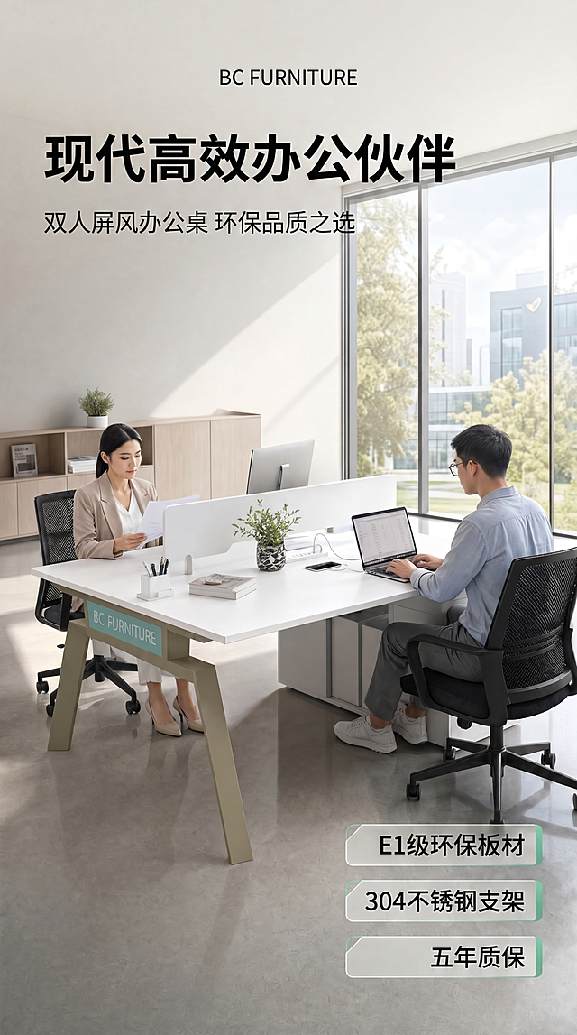 [第1屏] 详情页头图-BC FURNITURE双人位屏风办公桌椅宣传海报。本屏使用【图1】作为商品主体，保留图1中办公桌、座椅和人物的结构、材质与颜色特征。
[氛围/风格] 现代简约商务风，明亮通透，高级质感商业摄影，极简干净办公空间。
[元素布局] 双人位屏风办公桌作为主体放置在画面中心区域，占比约65%，保留图1中一男一女办公场景，人物自然工作状态，窗边自然采光，背景为浅灰色水泥地面和浅米色墙面，窗外有城市CBD建筑与绿植，整体空间开阔通透。保留产品结构、轮廓、颜色与输入图一致。
[光影质感] 自然光从右侧落地窗射入，柔和均匀的主光，左侧补光平衡阴影，桌面与金属支架保留自然高光，地面有柔和投影，整体明暗层次清晰。
[配色色系] 全局底色 #f5f5f5，主体为白色桌面+香槟金色支架+黑色网布座椅，辅助色浅灰墙面、浅灰地面，品牌绿色点缀。
[视角构图] 45度斜侧视角，办公桌椅为视觉中心，阅读动线从上到下，自然引导视线。
[文字版式] 顶部品牌信息+中部大标题+右下角卖点标签。顶部小字品牌「BC FURNITURE」，中部左侧大标题「现代高效办公伙伴」，副标题「双人屏风办公桌 环保品质之选」，右下角三个悬浮卖点标签「E1级环保板材  304不锈钢支架  五年质保」，文字清晰不遮挡产品主体。
[比例分辨率] 9:16，4K，文字清晰可辨。
[负向提示词] 产品变形，缺件错件，颜色偏差，水印，文字错乱，产品图模糊，文字过小，背景杂乱
