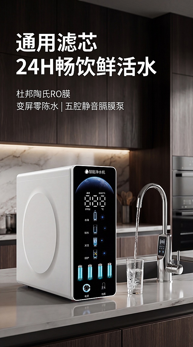 基于图片1的智能净水机产品，参考图片2的构图形式，生成9:16竖版电商主图，产品放在画面中下位置作为主视觉，右侧搭配出水的新式水龙头展示使用场景，背景是具有纵深感和空间感的高级场景，整体高级感十足，超清4k摄影质感，文字排版有大小对比和分段，主标题："通用滤芯"，换行"24H畅饮鲜活水"，副标题："杜邦陶氏RO膜"，换行"变屏零陈水|五腔静音膈膜泵"，严格保留文案不增删改