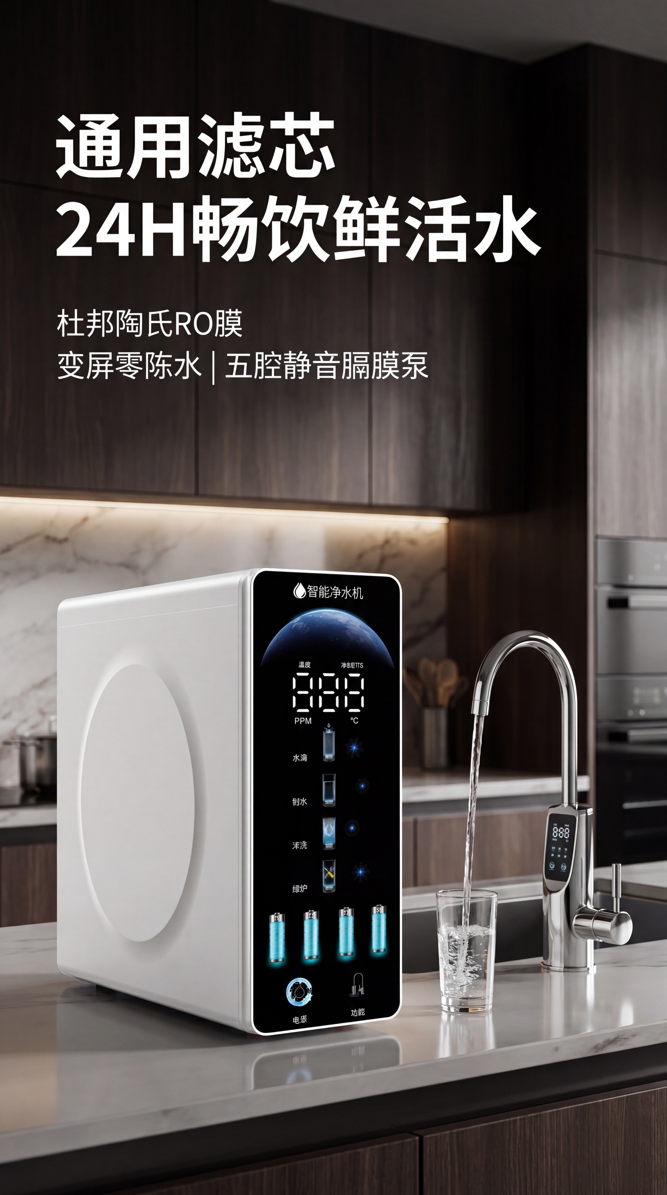 基于图片1的智能净水机产品，参考图片2的构图形式，生成9:16… - 图片创意预览