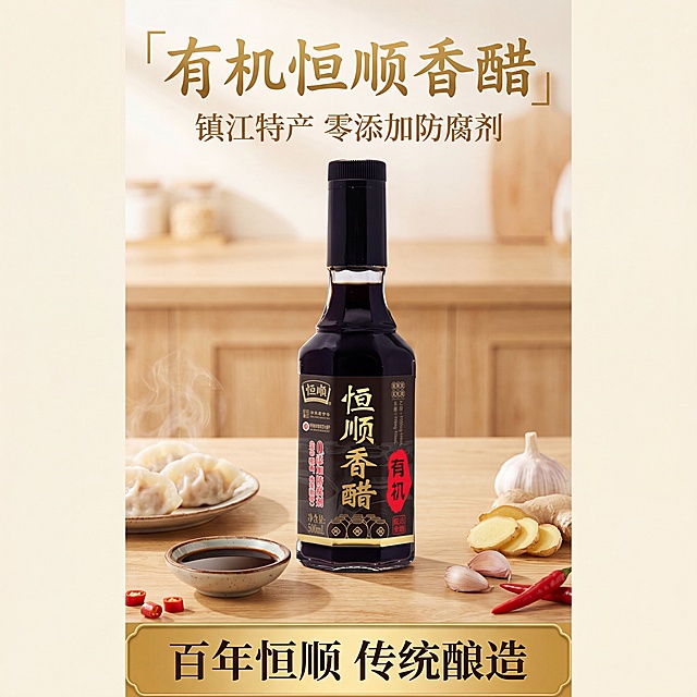 [第1屏] 详情页头图-有机镇江恒顺香醋主视觉海报。本屏使用【图1】作为商品主体。
[氛围/风格] 家常烟火气，接地气风格，真实食材场景，商业摄影食欲感，符合拼多多平台视觉偏好。
[元素布局] 有机香醋瓶身置于画面偏下位置，占比约65%；瓶身后方背景为浅木色厨房台面，前景摆放一小碟香醋蘸料和新鲜食材；瓶身结构、材质、颜色、标签文字与输入产品图完全一致，不改变轮廓比例。上方预留主副标题区域，底部设置金色品质背书横条，画面层次清晰，信息饱满。
[光影质感] 顶部柔光打亮瓶身，前景食材保留自然阴影，整体明亮通透，突出香醋瓶身深邃色泽。
[配色色系] 全局底色 #F8F3E9；主体瓶身深棕配金色字体；辅助色浅木色台面、暗红色标签点缀。
[视角构图] 正面平视构图，产品为绝对视觉中心，阅读动线从上到下依次为标题、产品、底部背书。
[文字版式] 版式为上方标题区+中部产品主体+底部背书横条。主标题「有机恒顺香醋」，副标题「镇江特产 零添加防腐剂」，标题采用与包装一致的书法风格字体，金色填充；底部横条文字「百年恒顺 传统酿造」，白色文字深色底。文字不遮挡瓶身主体，字号适配移动端清晰可读。全程统一使用书法标题字体+金色字色+纯色填充字效。
[比例分辨率] 1:1，4K，文字清晰可辨。
[负向提示词] 瓶身变形，缺件错件，颜色偏差，标签文字错乱，水印，文字过小，背景杂乱