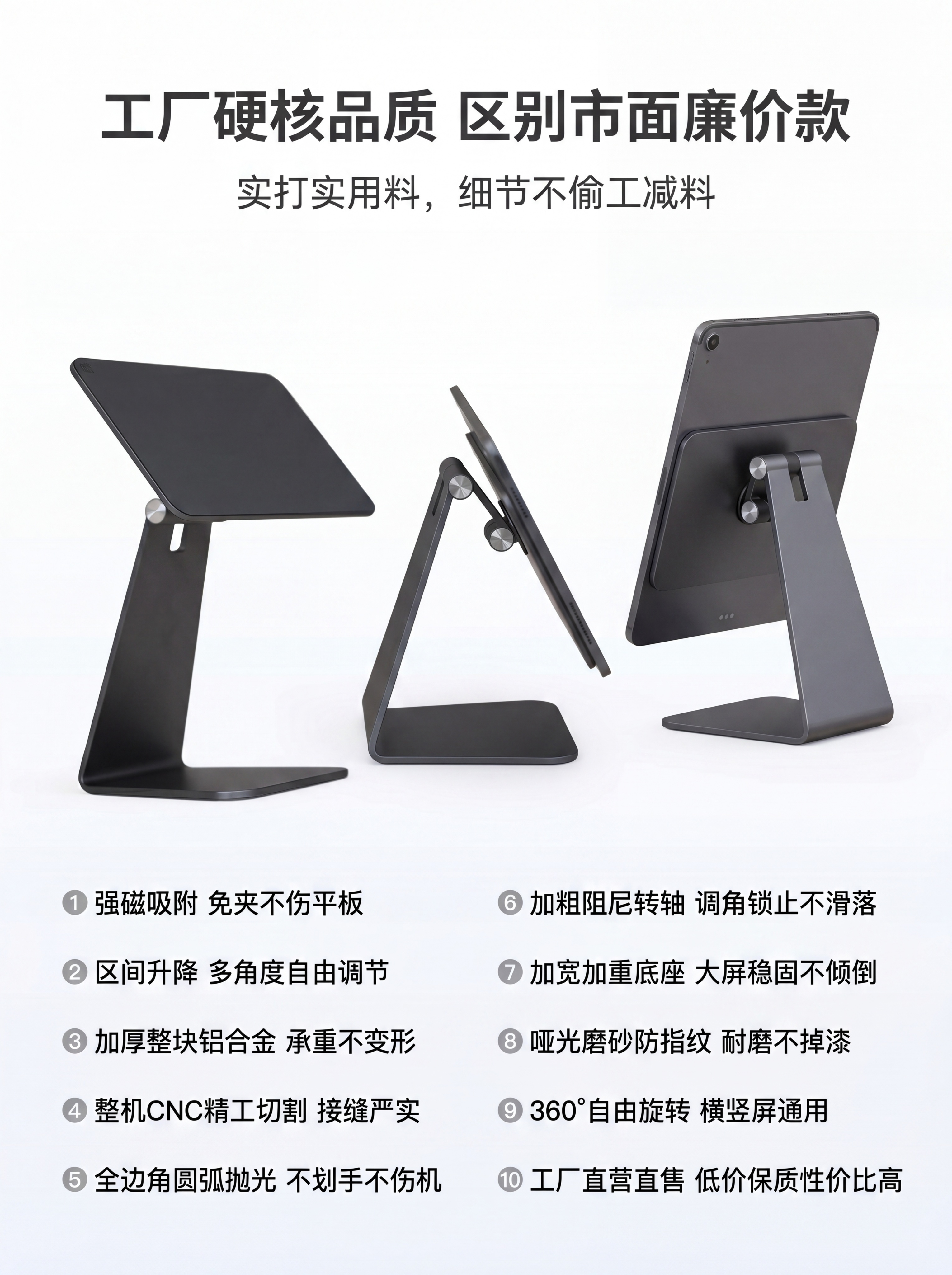 [第2屏] 全局核心卖点汇总页-铝合金磁吸平板支架核心优势展示… - 图片创意预览