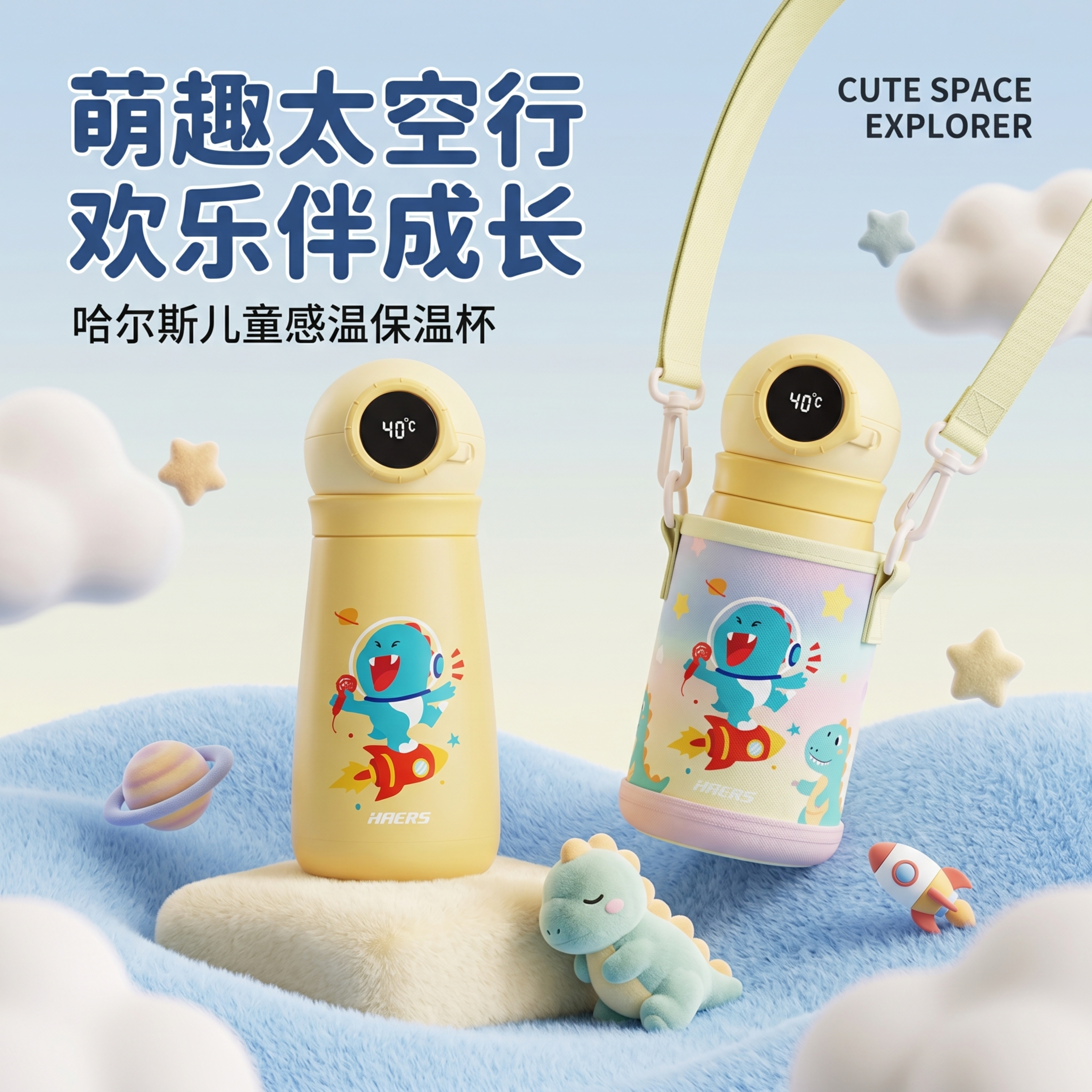 为黄色哈尔斯儿童保温瓶生成商品场景图，参考图2的蓝色毛绒场景和… - 图片创意预览