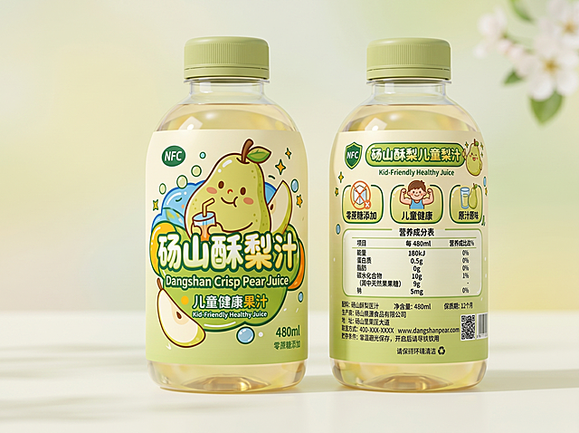 生成一个适合儿童梨汁的包装样机，使用480ml塑料瓶造型，将正面设计（图2）和背面设计（图1）完整贴合在瓶身，呈现3D立体效果，背景干净简洁，突出产品，风格清新可爱，符合儿童健康饮品定位