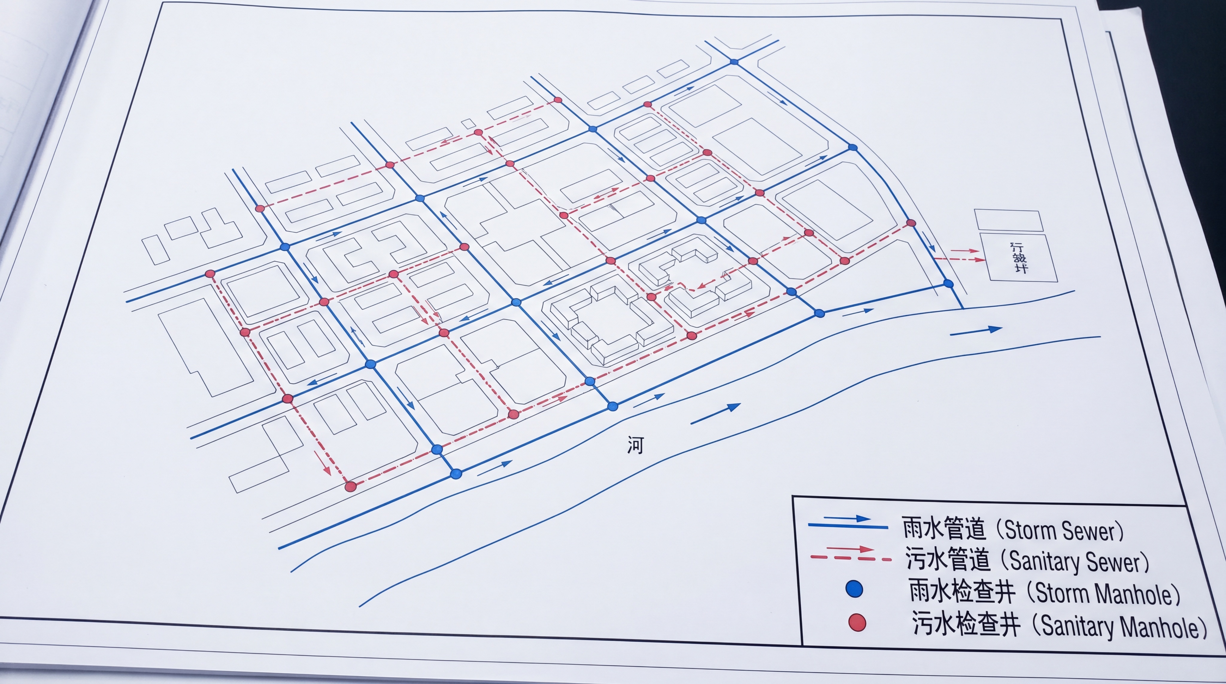 专业清晰的雨污管网示意图，清晰标注雨水管道和污水管道的走向、布… - 图片创意预览