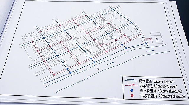 专业清晰的雨污管网示意图，清晰标注雨水管道和污水管道的走向、布局、检查井位置，图例规范，线条分明，适合设计展示与工程汇报